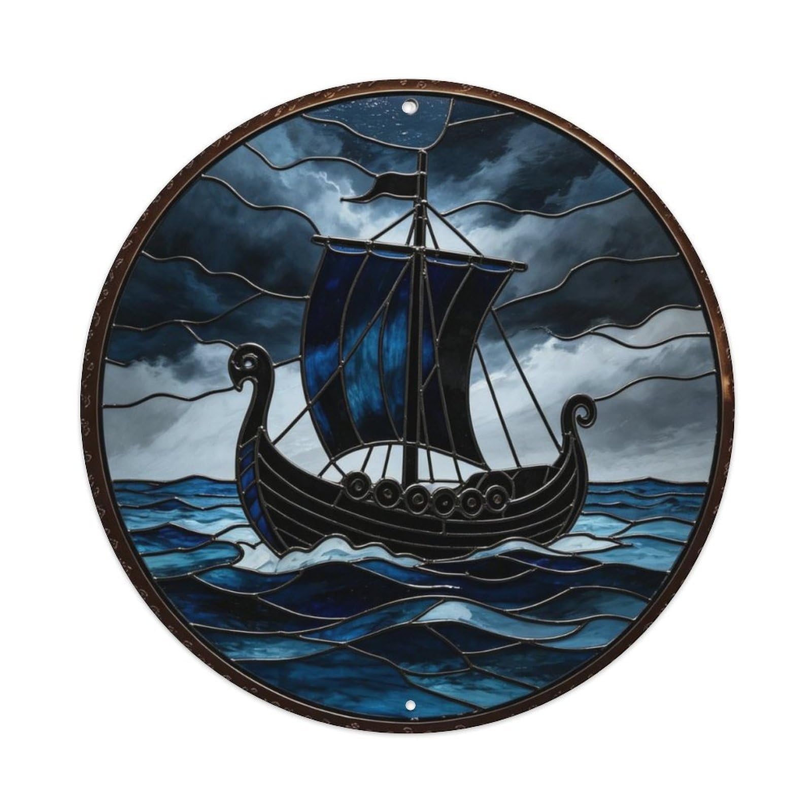 Viking Ship Stormy Ocean Stained Glass Metal Tin Sign Plaque