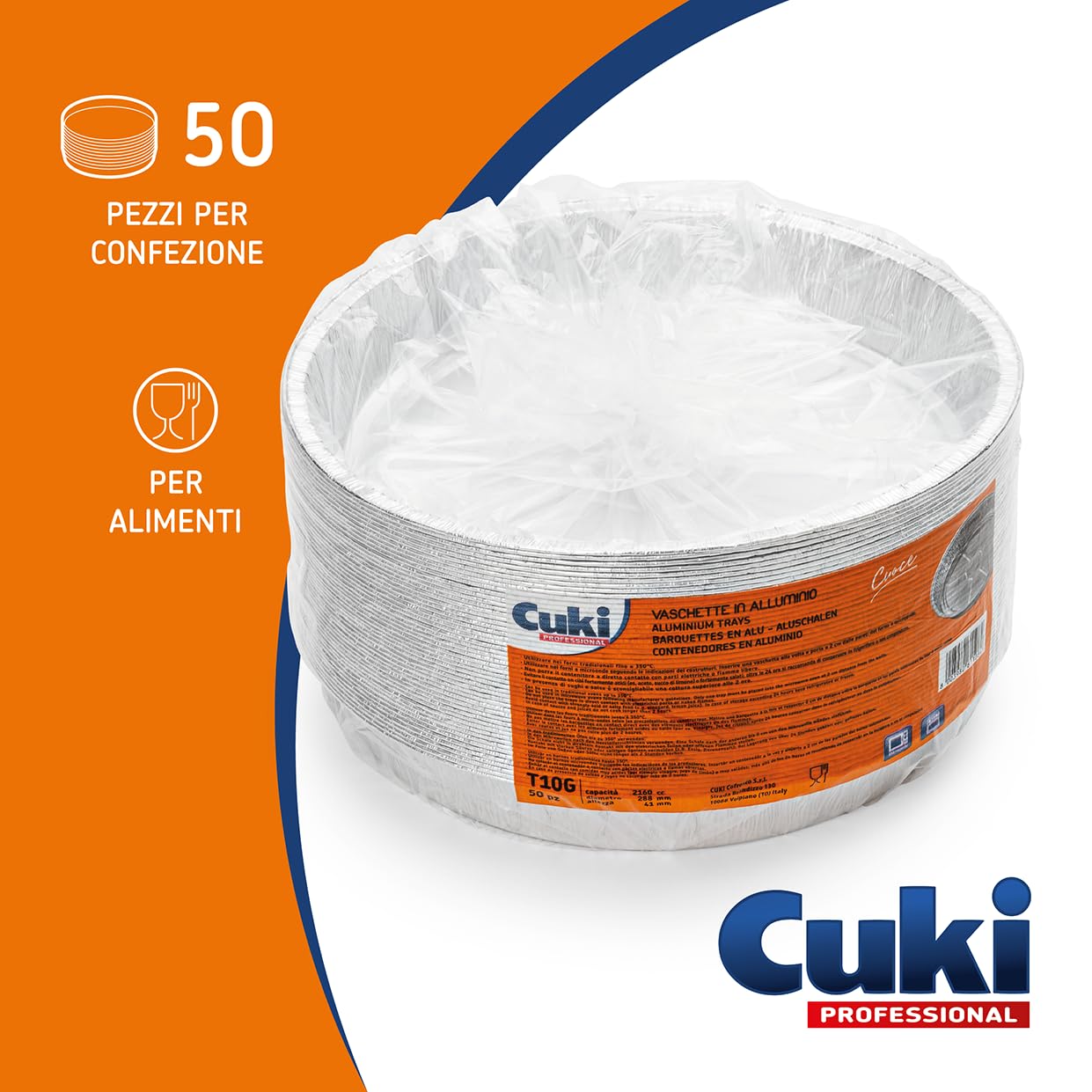 Cuki Professional - Bandejas redondas de aluminio para tartas y pizzas, 29 x 4 cm, 1 paquete de 50 unidades, bandejas desechables para horno, microondas, cocción, conservación