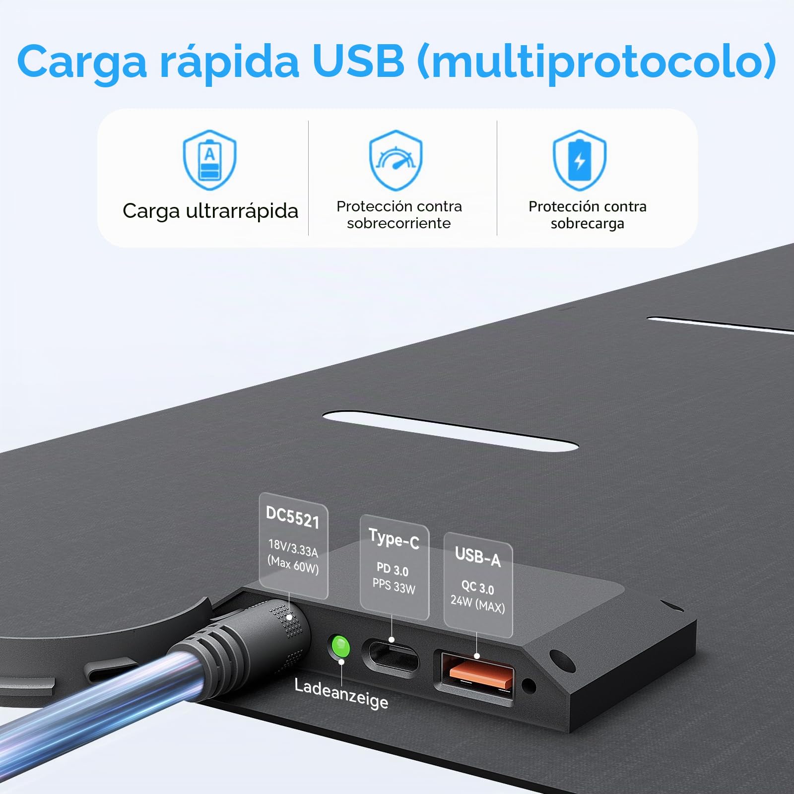 Ecosonique Panel Solar Portatil 60w ETFE 23% Eficiencia, Carga Rápida USB-C PD3.0 Y USB-A QC3.0, Salida De 18 V CC, Cargador Solar Para Central Eléctrica, Camping, Autocaravana Y Emergencias