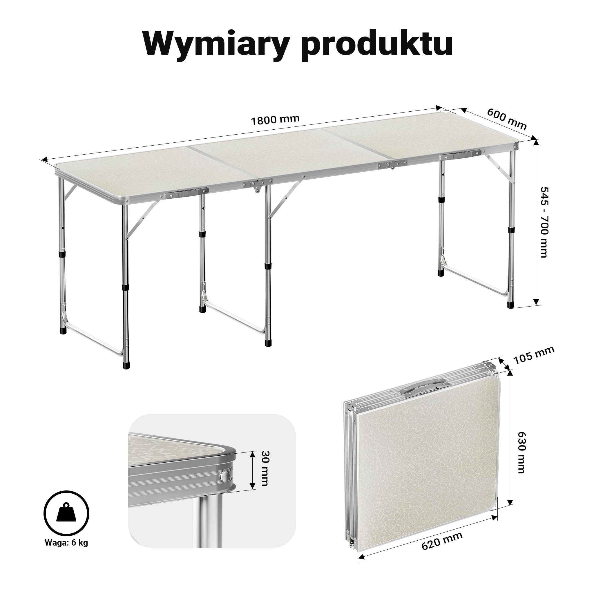 Składany stolik turystyczny 180x60x70 cm z regulacją wysokości, lekki ogrodowy stół kempingowy z aluminium i MDF, meble kempingowe na biwak