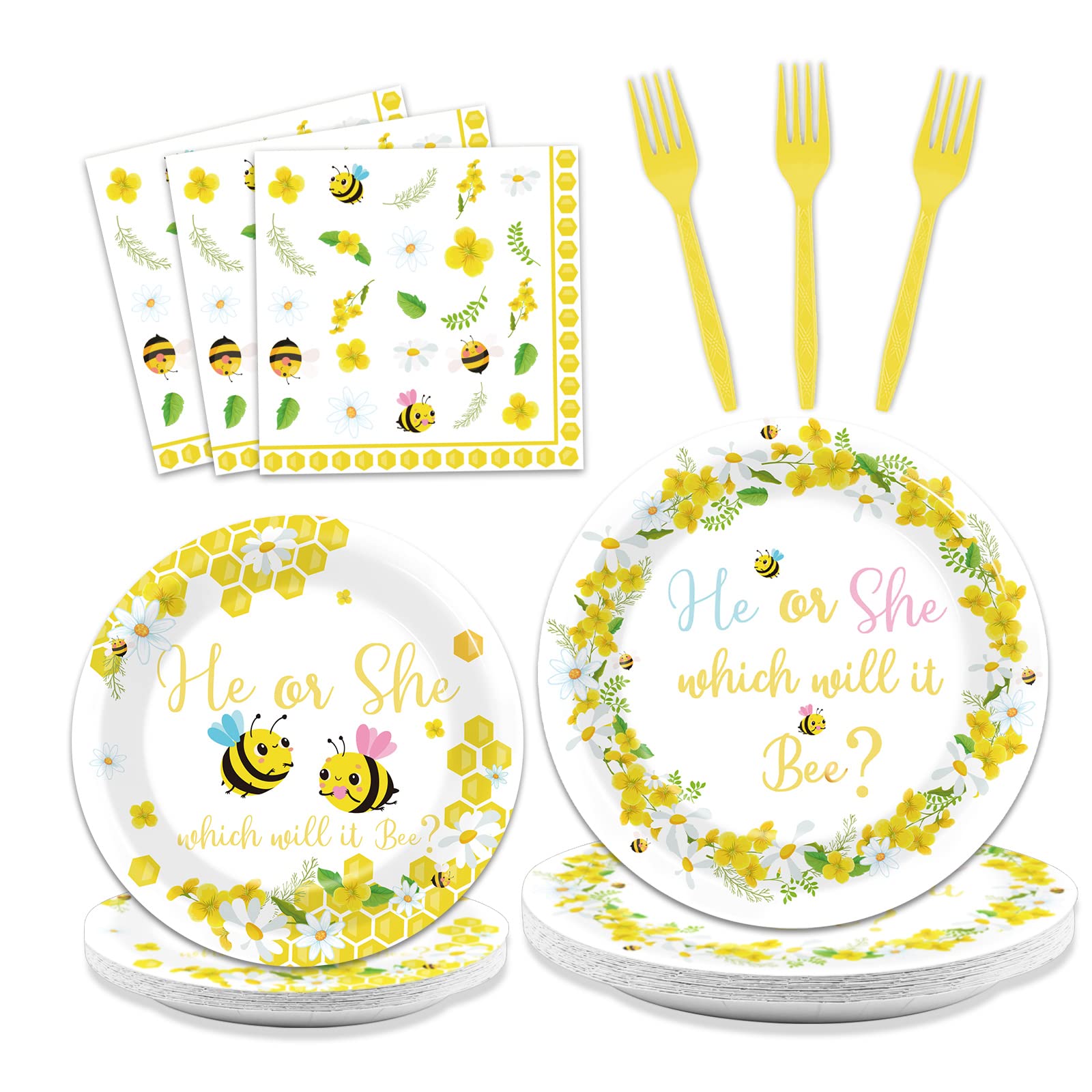 96 Pieces Bee Gender Reveal Party Plates What Will It Bee Theme Party Decorations Bee Paper Plates and Napkins Bumble Disposable Dessert Tableware Set Bee Gender Reveal Supplies 24 Guests