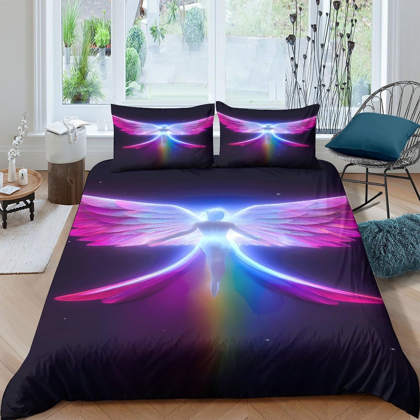 Ctjqhvkz Style-3 3D Printed Neon Dragonfly Fitted Sheet Microfiber Soft Deep Purple Rainbow Mattress Cover For Bedroom Decor Single（135X200cm）