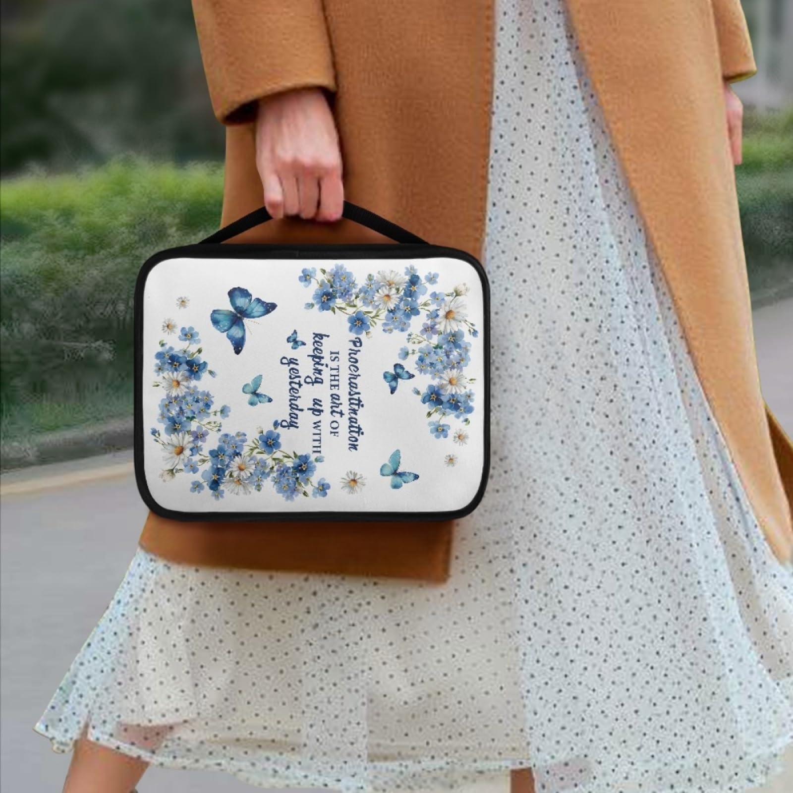 Custodia Libro Farfalla Blu Florale Copertura Bibbia con Manico Cerniera Tela in Poliestere per Uomo Donna Porta Libro Grandi Capacità Custodia per Libri 27.5x22.5x5.5 cm