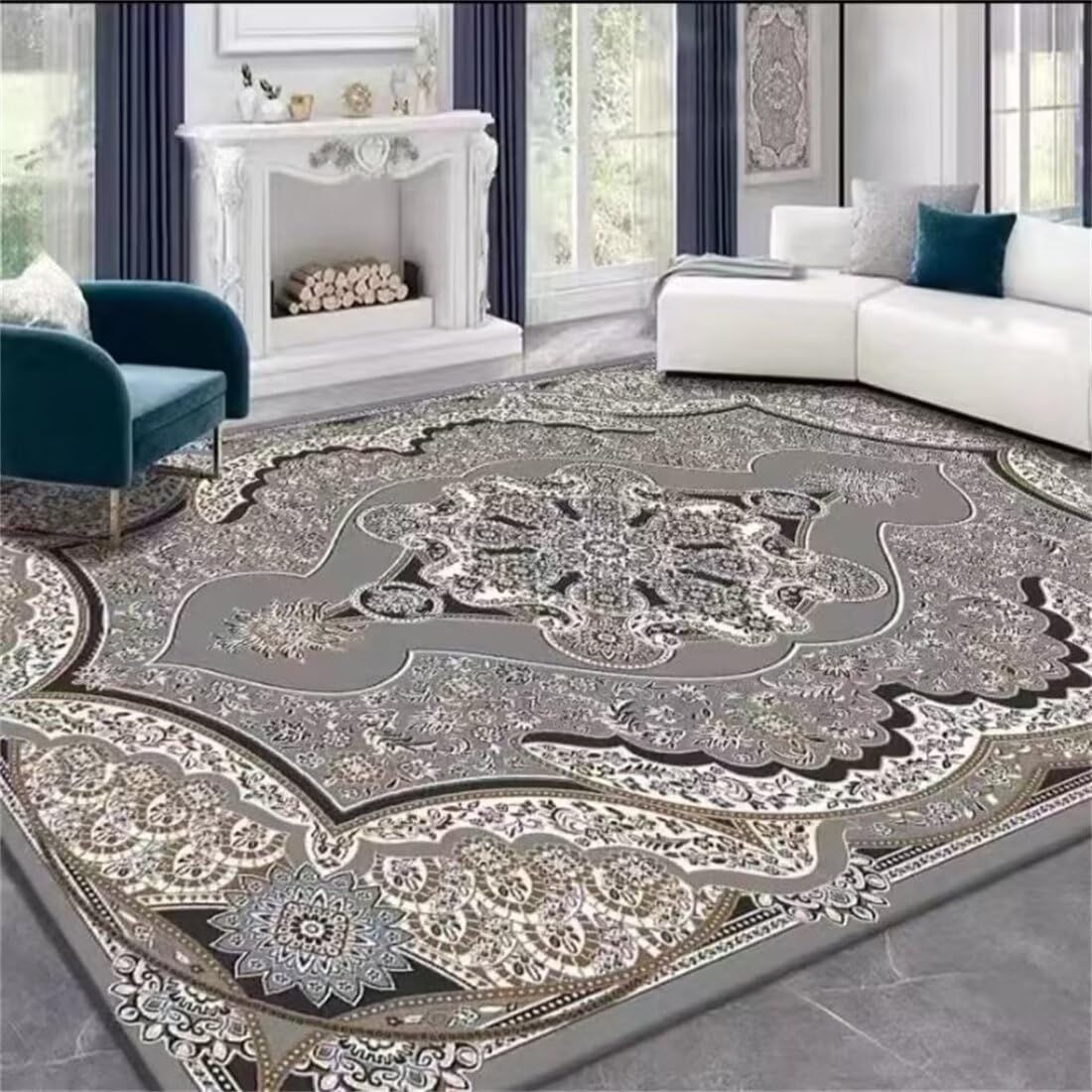Tapis de salon design géométrique de fleurs gris 60x90cm de haute qualité