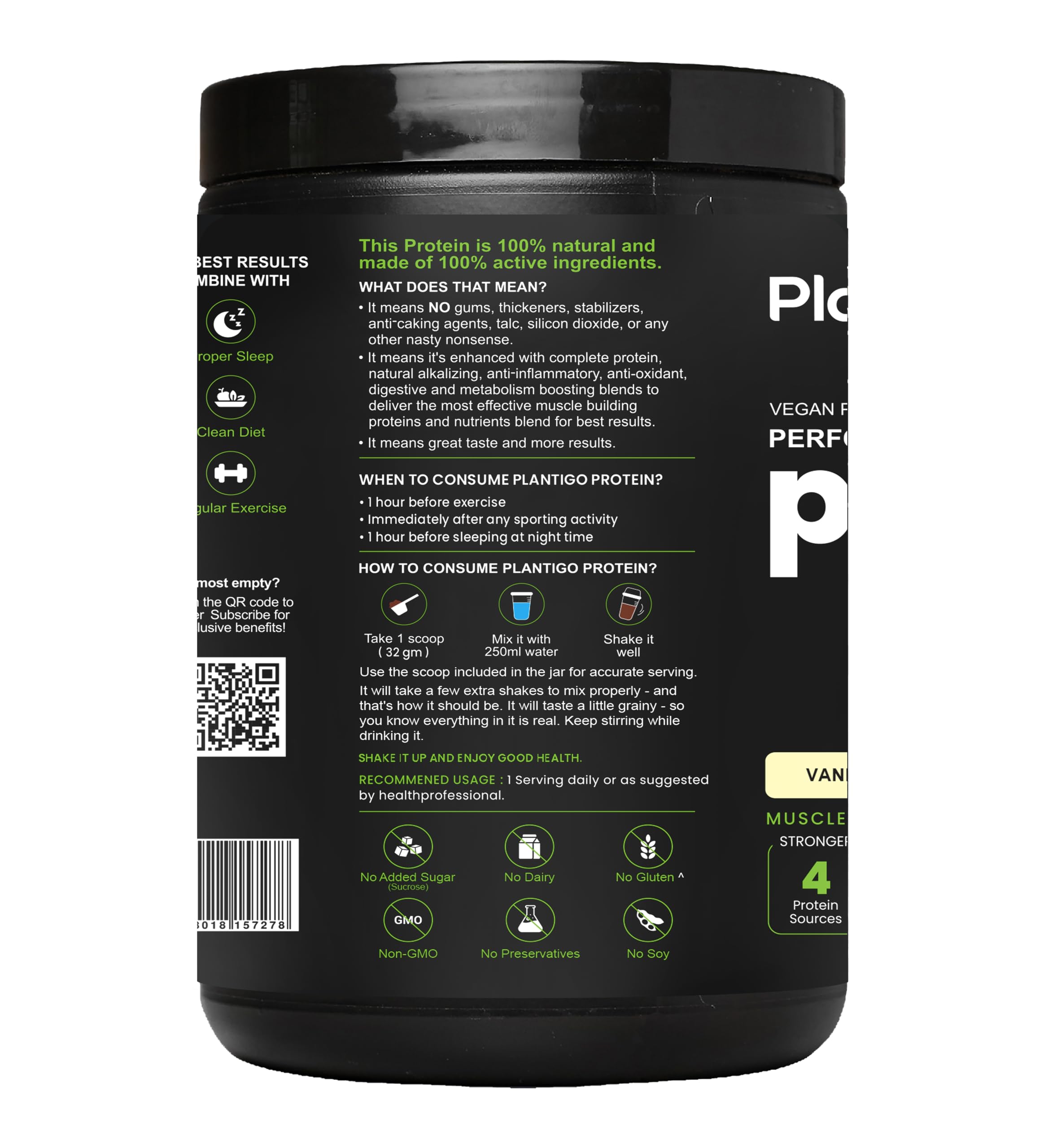 Plantigo Clean Plant Protein Powder for Men, Women - 24g Protein, 4.4g BCAA, 2g Leucine, Antioxidants, 11 Vitamins, 8 Minerals, Brown Rice, Pea Protein (Vanilla Flavored + Sipper Bottle 600ml) 2
