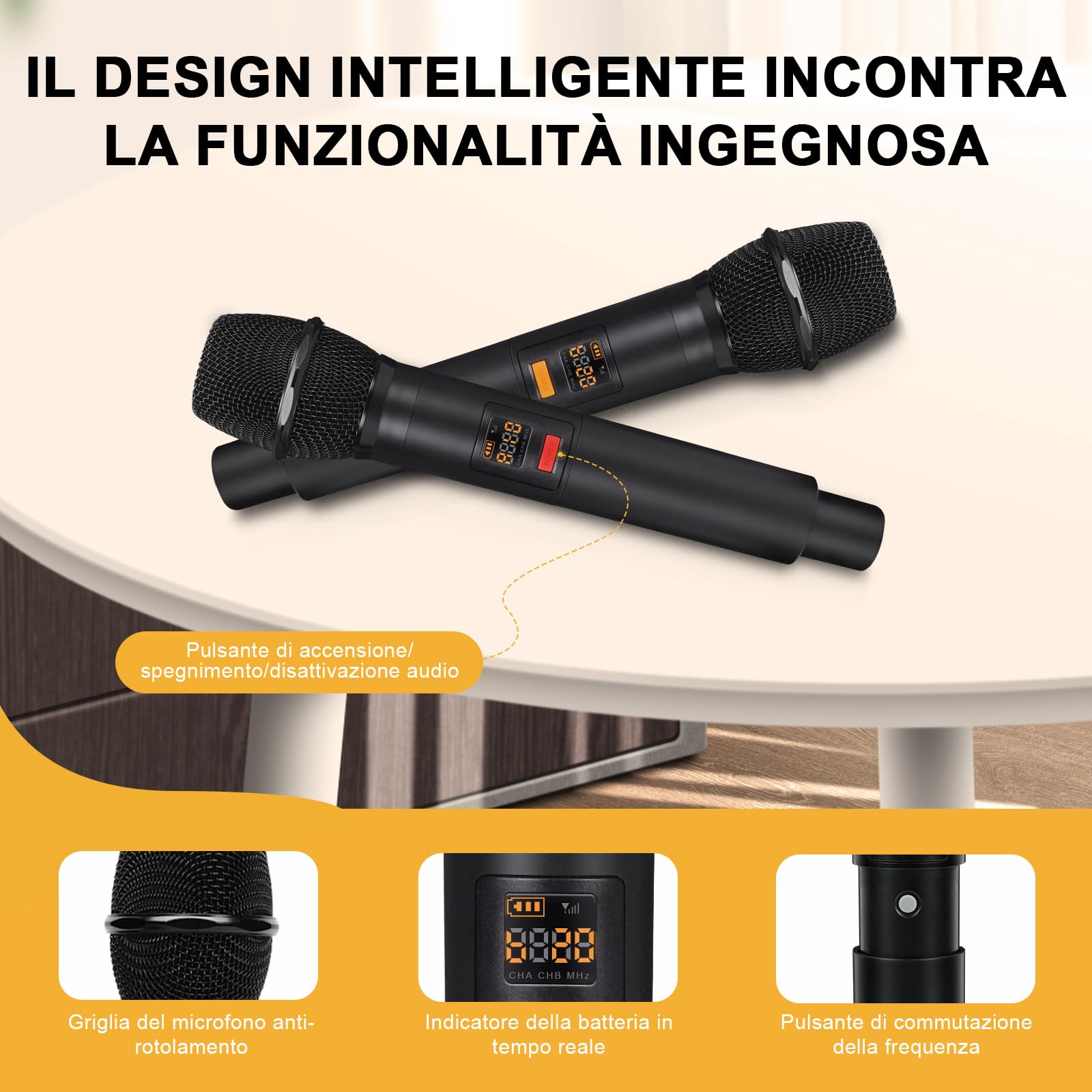 MELONARE Sistema Micro Wireless UHF Rack 4 Canali Handheld MWM-41F | 4 microfoni palmari dinamici, 4 x 10 frequenze, portata 260 ft, live, karaoke, chiesa, DJ