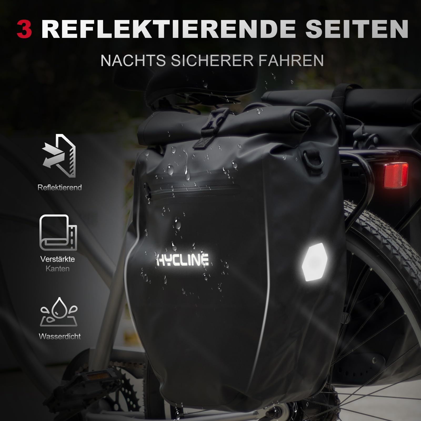 Hycline Fahrradtasche wasserdichte Gepäckträgertasche 2×28L - 3in1 Fahrrad Taschen Hinten Gepäckträger, mit Tragegriff, Schultergurt und Reflektoren, einfache Befestigung für Pendler, Reisen | Schnellverschluss-Systemgriff, Crossbody-Schultergurt, reflekt