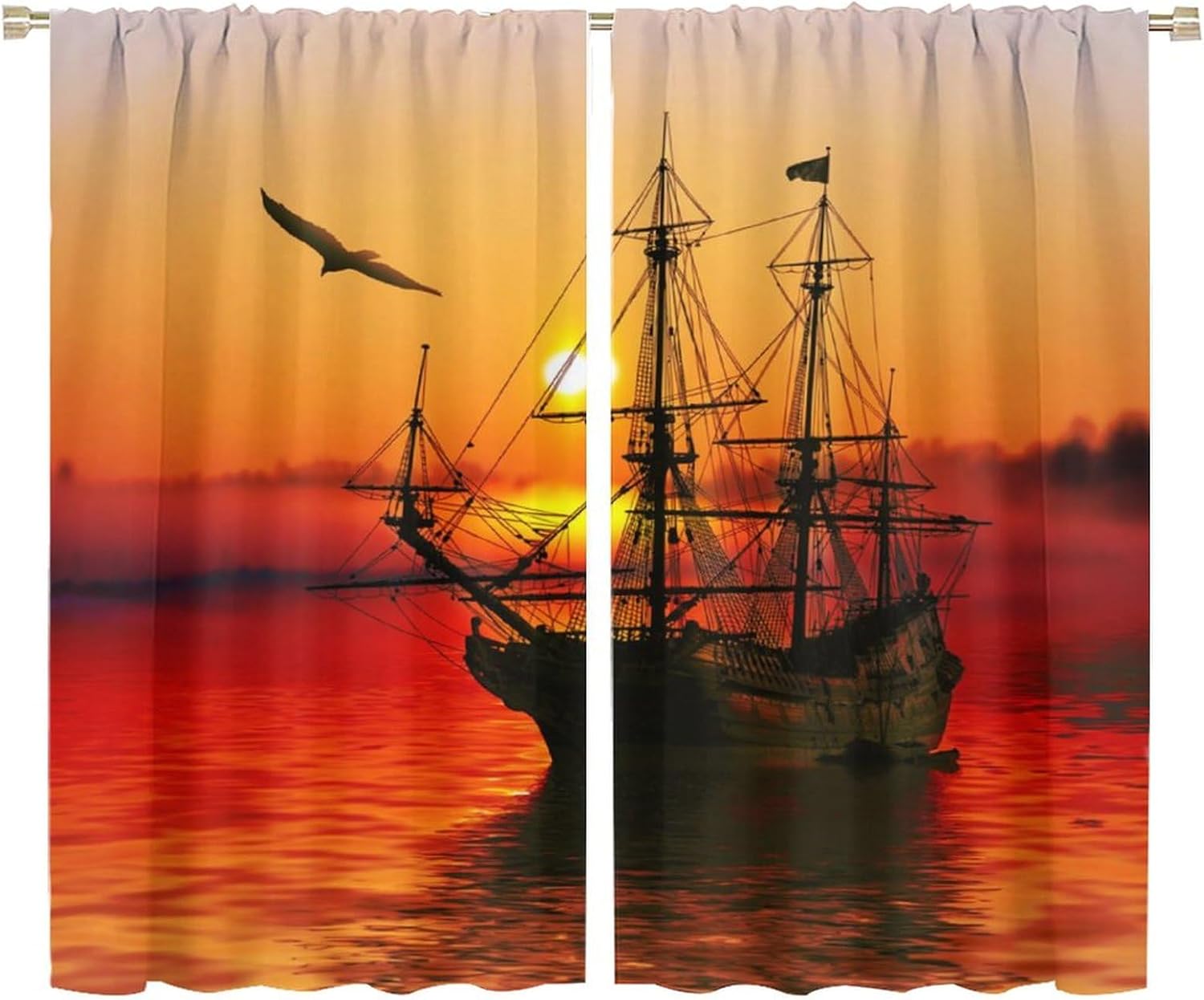 Brebasf Sunset Scenery Pirate Ship Blackout Rod Pocket Curtains,Abstract Nautical Ocean Pirate Ship Theme Seagull Thermal Insulation Room Darkening Window Drapes 2 Panels 63" L x 36" W