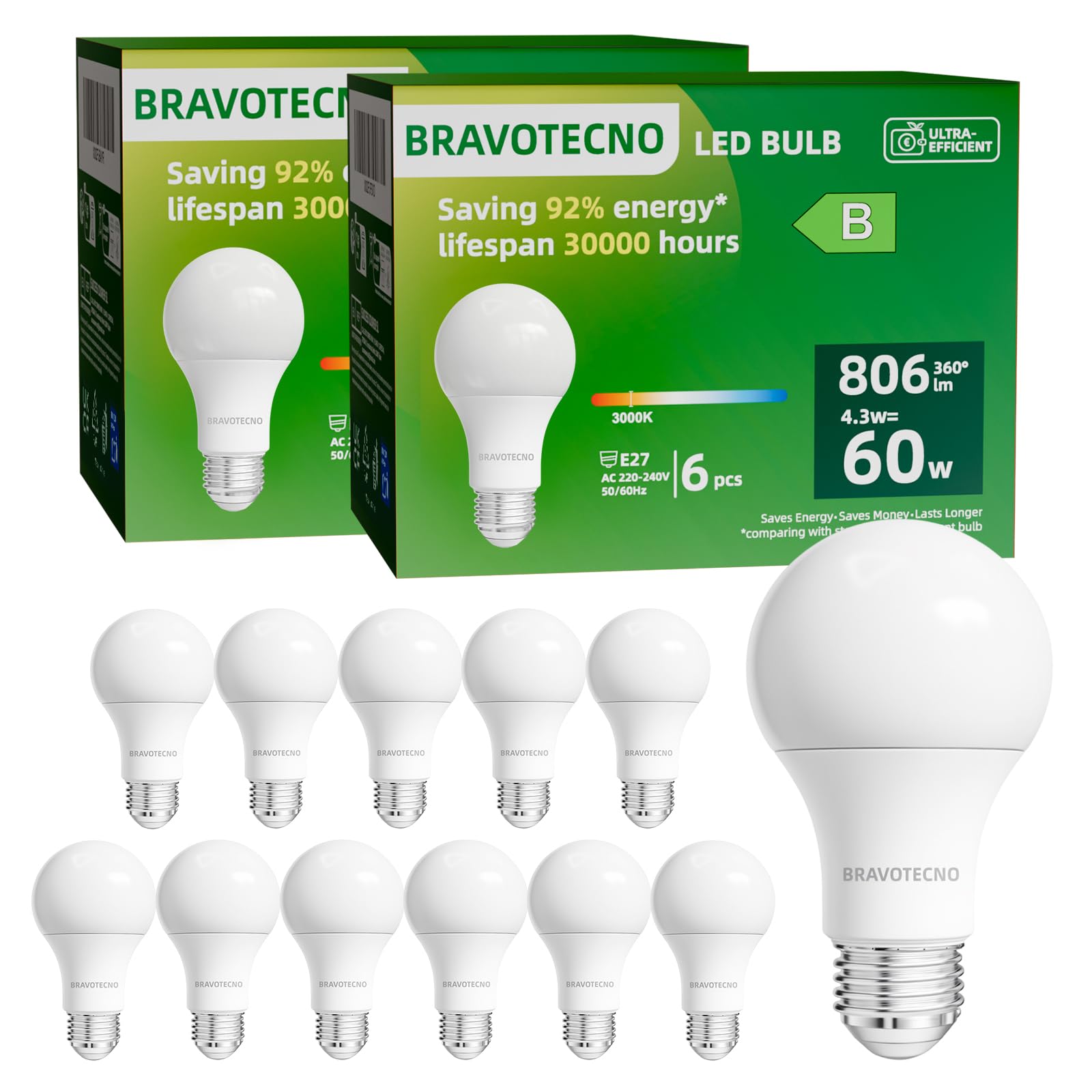 bravotecno E27 LED Glühbirne, Energieklasse B E27 LED Warmweiss, 3000K 4.3W 806LM A60 Warmweiß Leuchtmittel Entspricht 60W, 360° Abstrahlwinkel, Nicht Dimmbar, Wärmearm & Langlebig, 12 Stück