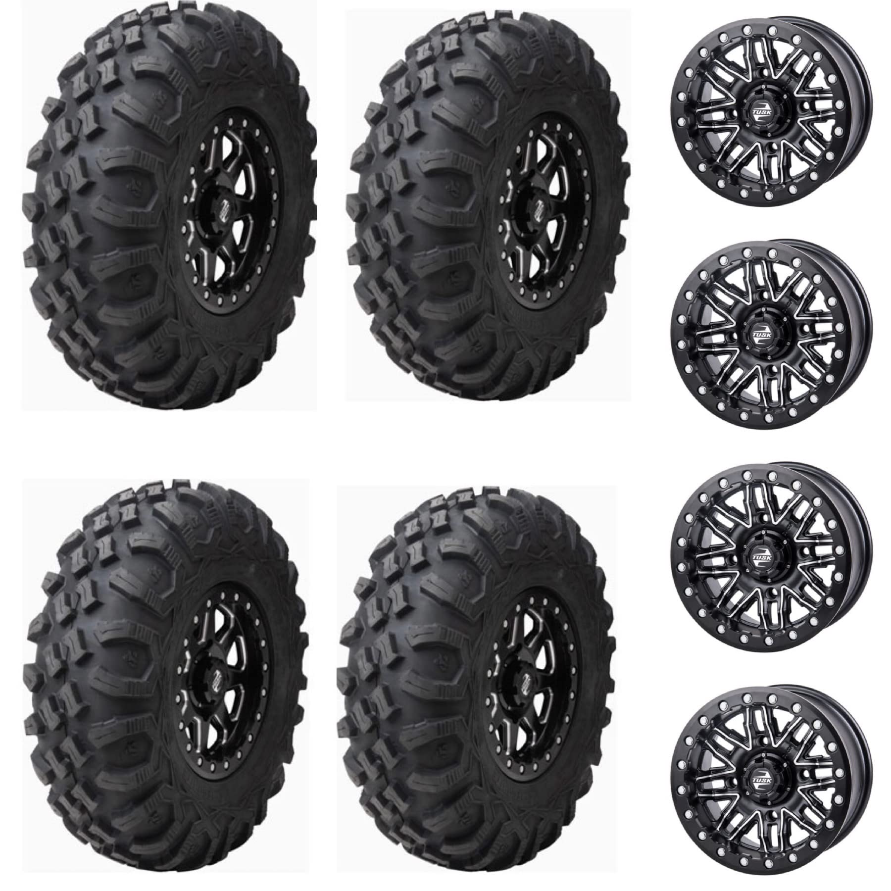 Four 28x10-14 Tusk MEGABITE 8-Ply Radial UTV Tires mounted on Tusk NEBO Beadlock Wheels - For CAN-AM Commander Defender Maverick - 4/137 bolt pattern - Includes Lug Nuts (5+2 Offset, Machined/Black)