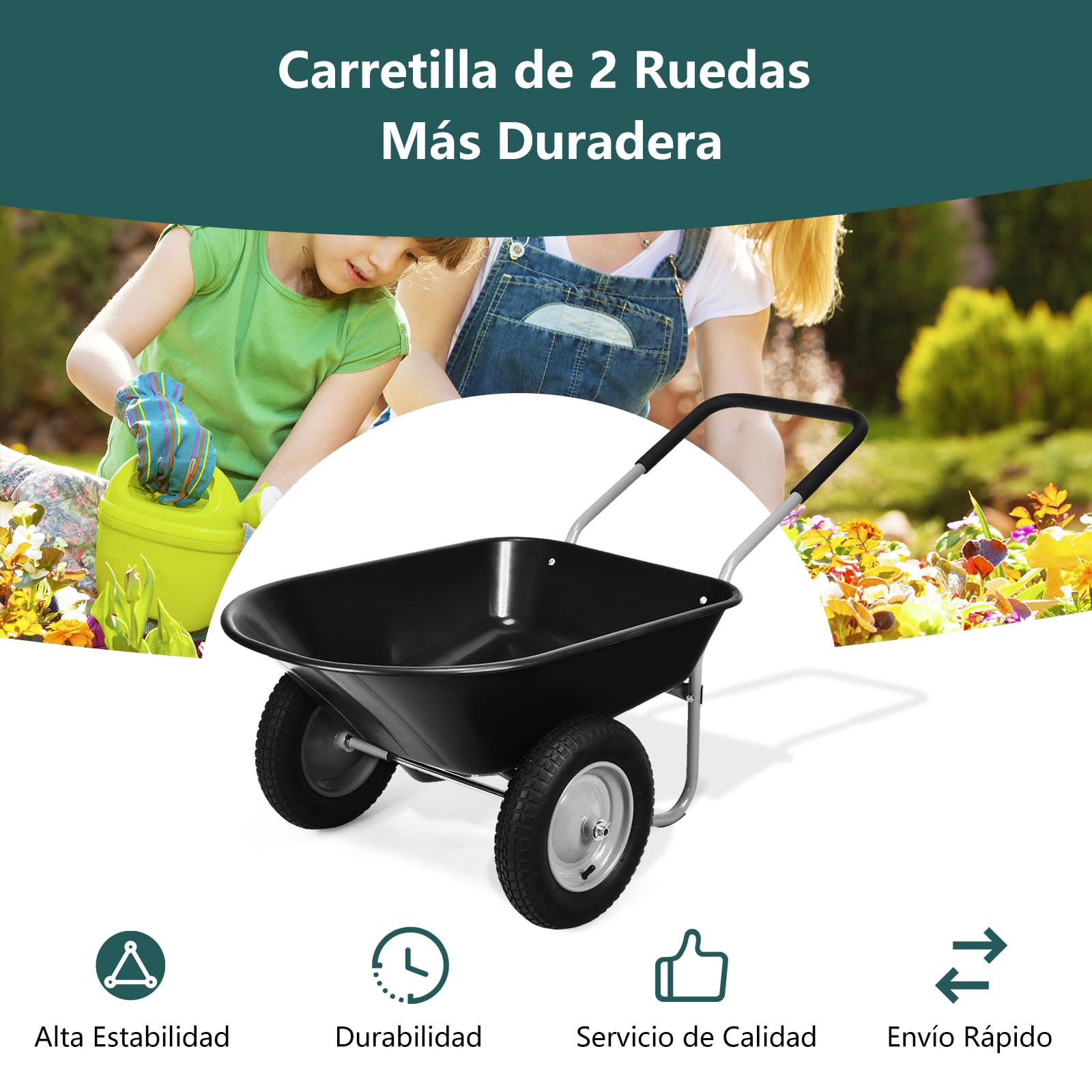 GYMAX Carretilla de Jardín de 100 litros de Volumen con 2 Neumáticos de Aire, Carretilla de Transporte con Asa, Carretilla de Construcción de hasta 100 kg, Apto para Patio y Almacén (Negro)