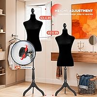 Vista 4 de Maniquí Cuerpo Vestido Forma Torso Maniquí Femenino 49.6-63.4 Pulgadas Altura Ajustable Trípode de Madera Soporte de Trípode de Espuma de Alta Negro