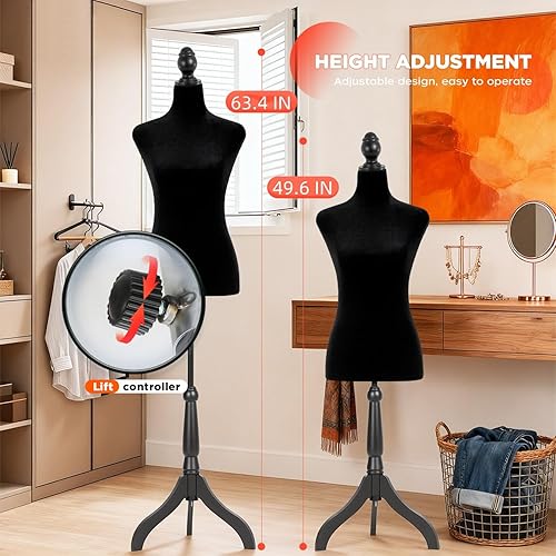 Miniatura 4 de Maniquí de cuerpo para vestido con forma de torso, maniquí femenino de 49.6 a 63.4 pulgadas, altura ajustable, trípode de madera, soporte de trípode