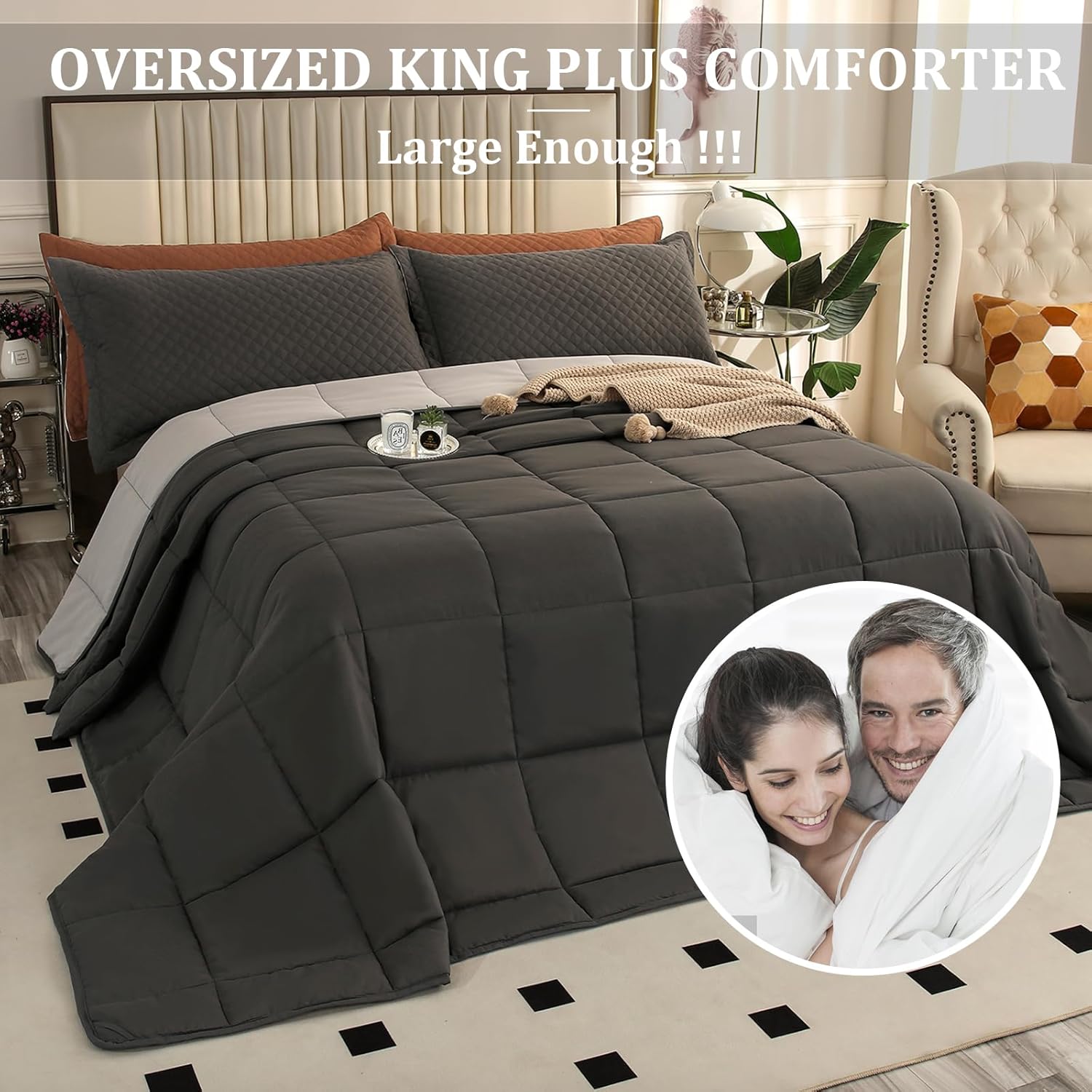 Oversized King Plus Comforter, 128x120 Extra Large King Size Quilts 3 Pieces, Lightweight Reversible All Season Down Alternative Duvet Insert Comforter with 8 Corner Tabs - Image 2