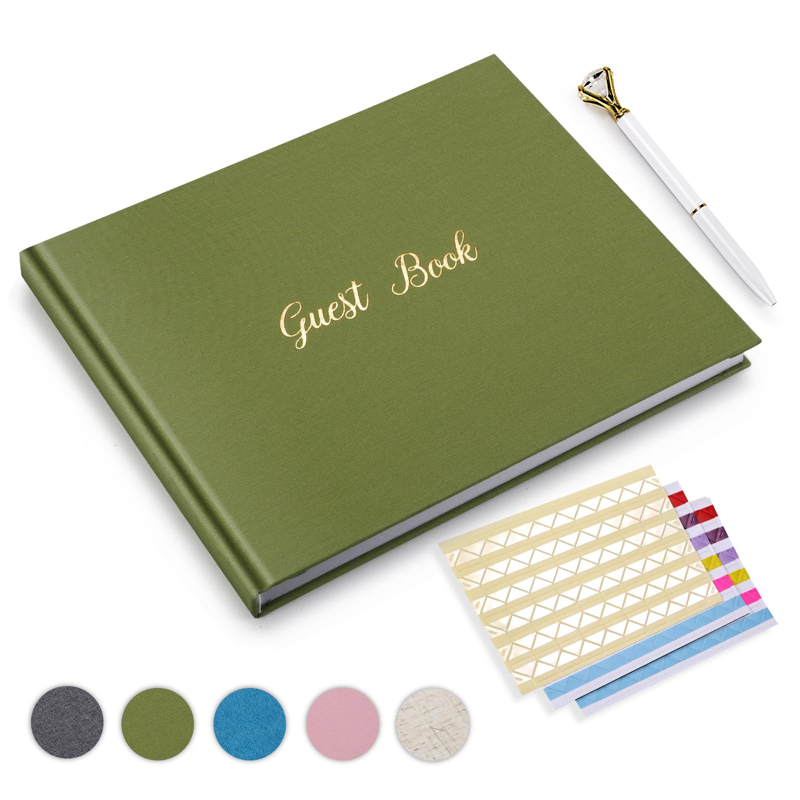 Gatyko Elegant Linen Wedding Guest Book - Baby Shower Guest Book - Polaroid Wedding Guest Book with 3 Sheets of Picture Corner Stickers and 1 Pen -A Stylish Sign-in Book for Guests (Sage Green)