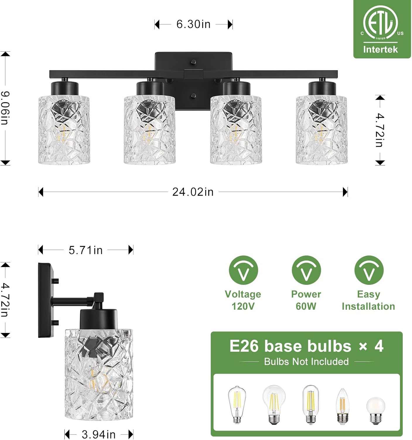 Black Bathroom Light Fixtures, 4-Light Modern Bathroom Vanity Wall Light, Vanity Lights for Mirror, Wall Sconces with Clear Textured Glass (E26 Socket, Bulbs Not Included)