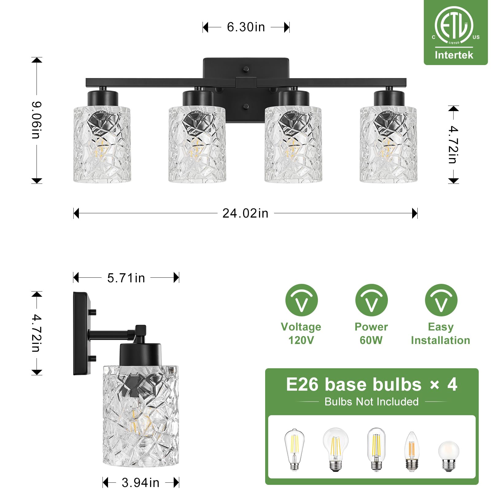 Condition photo showing New/Like New for black bathroom light fixtures, 4-light modern bathroom vanity wall light, vanity lights for mirror, wall sconces with clear textured glass (e26 socket, bulbs not included)