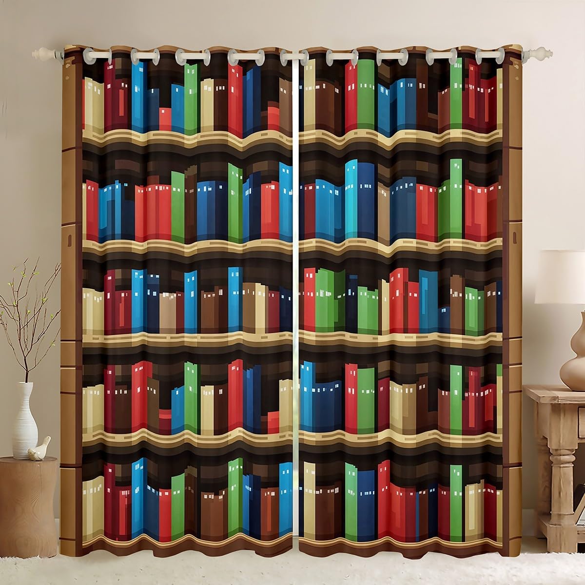 Manfei Pixel Vedio Game Blackout Curtains,Pixelated Bookshelf Bookcase Boys Girls Room Decor,Books Modern Building Games Window Curtains,Colorful 2 Panels,38Wx45L inch
