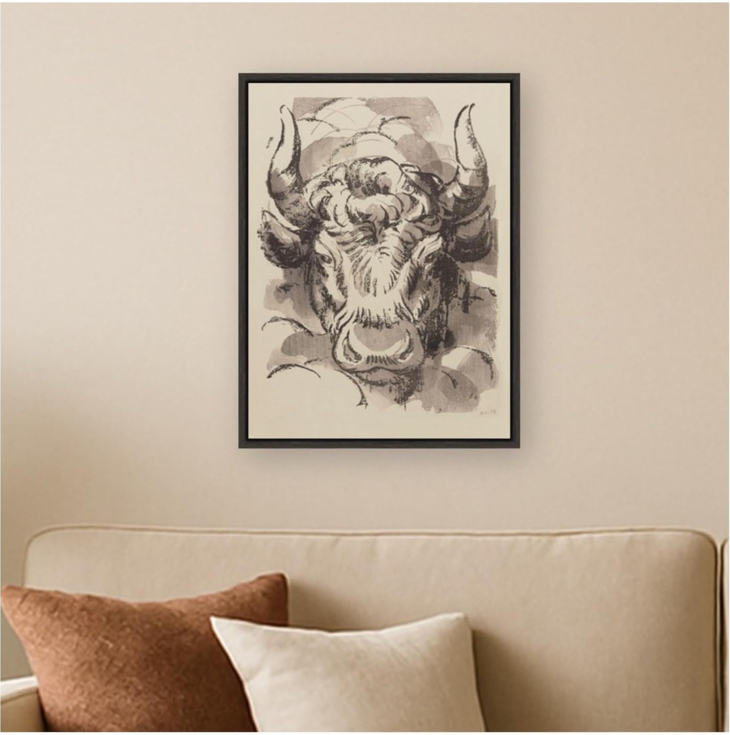 Kate and Laurel Framed Canvas Wall Art Print Tete de taureau 1934 Jules Chadel by Nostalgia Prints, 18 x 24 Sylvie Dark Gray Frame, Modern Contemporary, Animal Art for Wall Decor