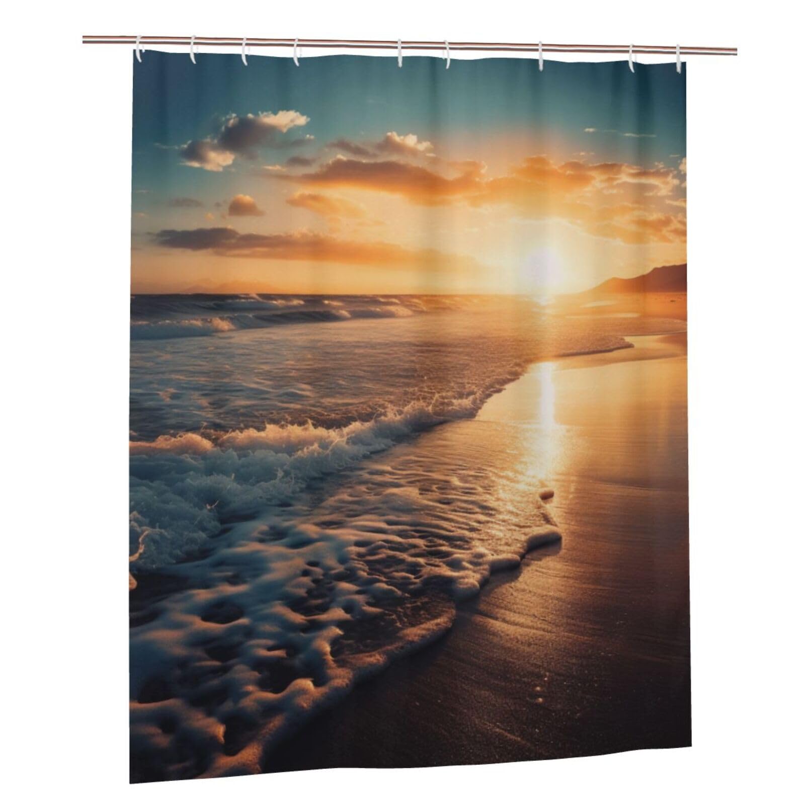 BWWHCCTI Sea Beach Sunset Printed Shower Curtain With 12 Plastic Hooks Opaque Quick Drying Waterproof Shower Curtains Sets For Bathroom 152x183 Cm