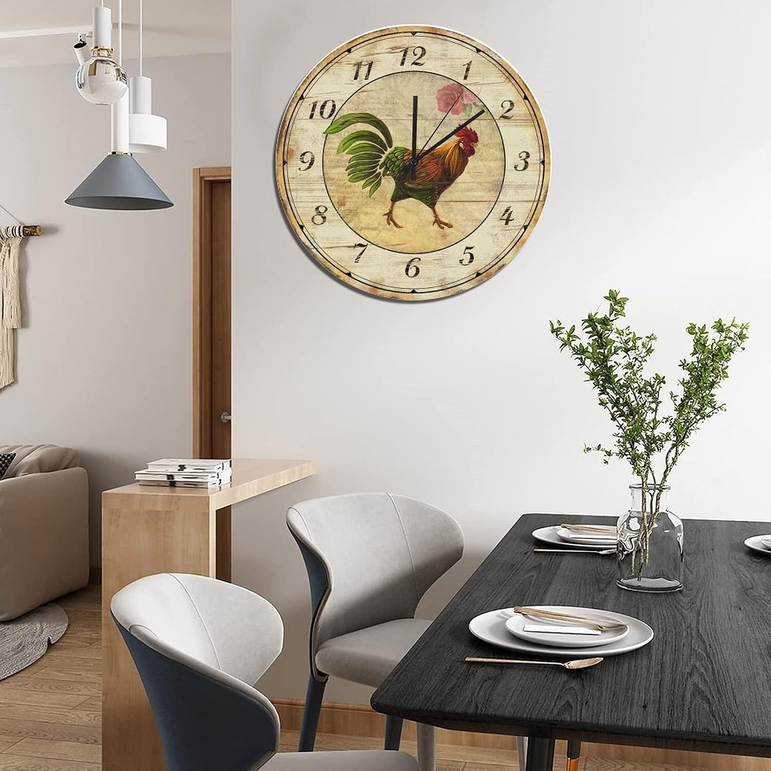 UFunhome 15-Inch Rustic Wooden Wall Clock Silent Non Ticking Battery Operated Round Clocks Vintage Chickens Rooster Home Decor Retro Hanging Wall Clocks for Patio Pool Bathroom Bedroom