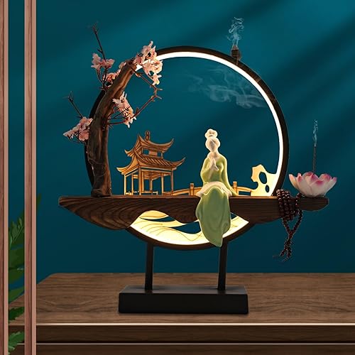 Miniatura 5 de TFCFL Soporte de incienso de reflujo con anillo de luz LED, estilo chino, quemador de incienso de flores, decoración del hogar, adorno de