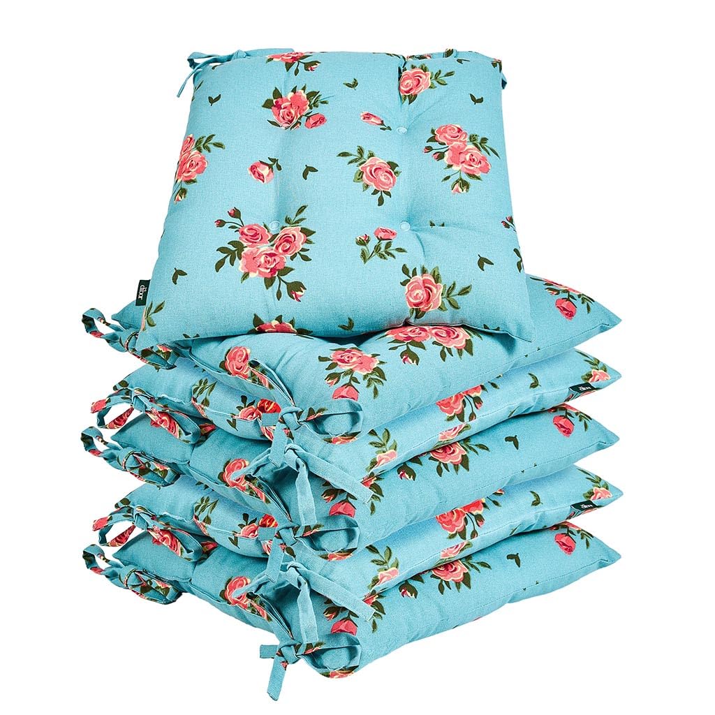 Dibor Dining Chair Seat Pad Set of 6 - Tie On Floral Print Machine Washable 100% Cotton Chair Cushions with Recycled Polyester Fibre Filling (Blue)
