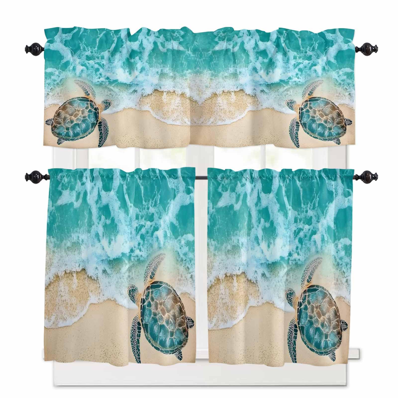Turtle Kitchen Curtains 36 Inch Length, 3 Piece Rod Pocket Small Half Tiers and Valance Set, Coastal Seaside Nature Ocean Marine Animal Small Large Window Treatment Decor for Bedroom/Bathroom Sink