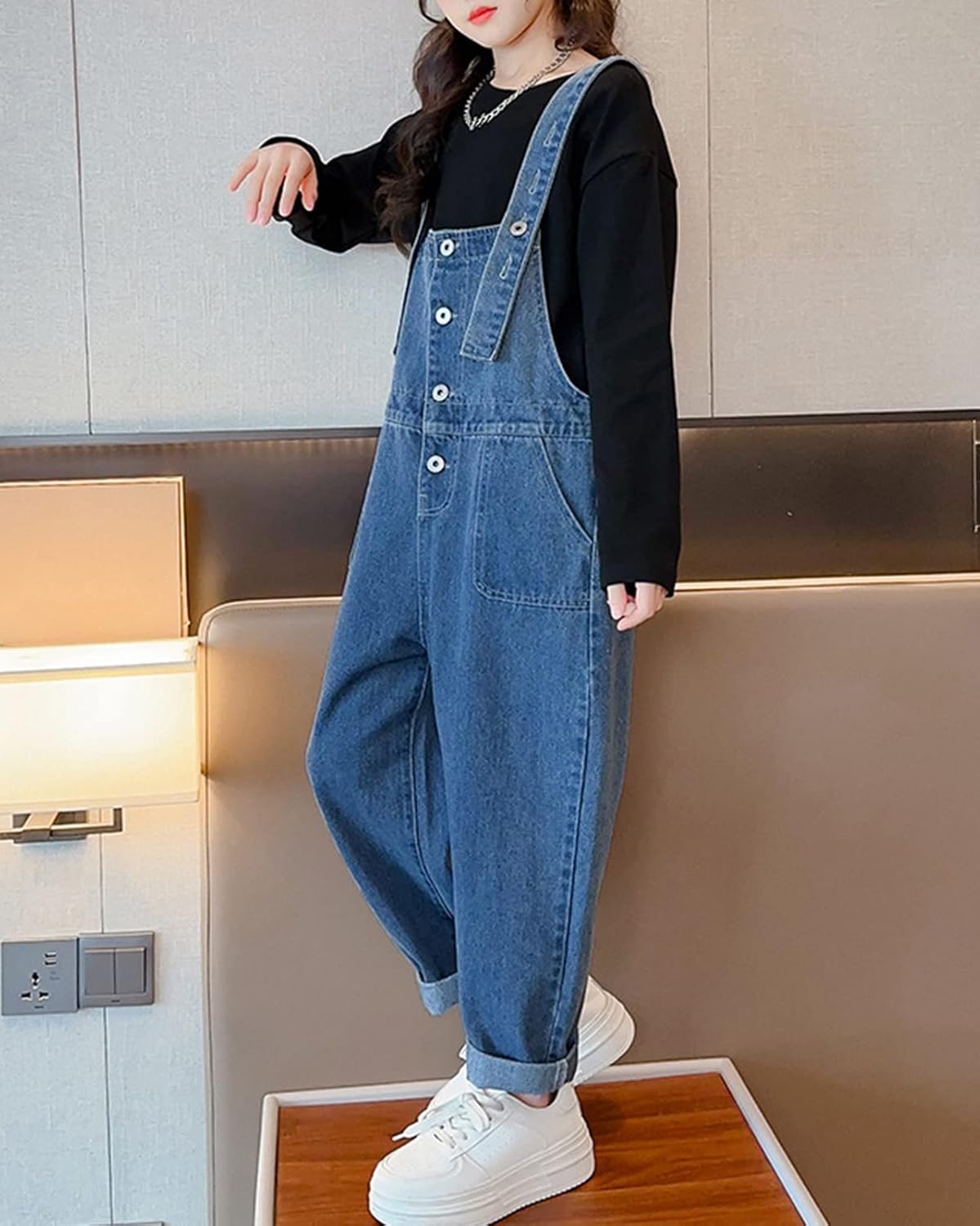 Kids Girls Denim Dungarees Casual Denim Bib Overalls Jumpsuits with Pockets for Spring & Autumn