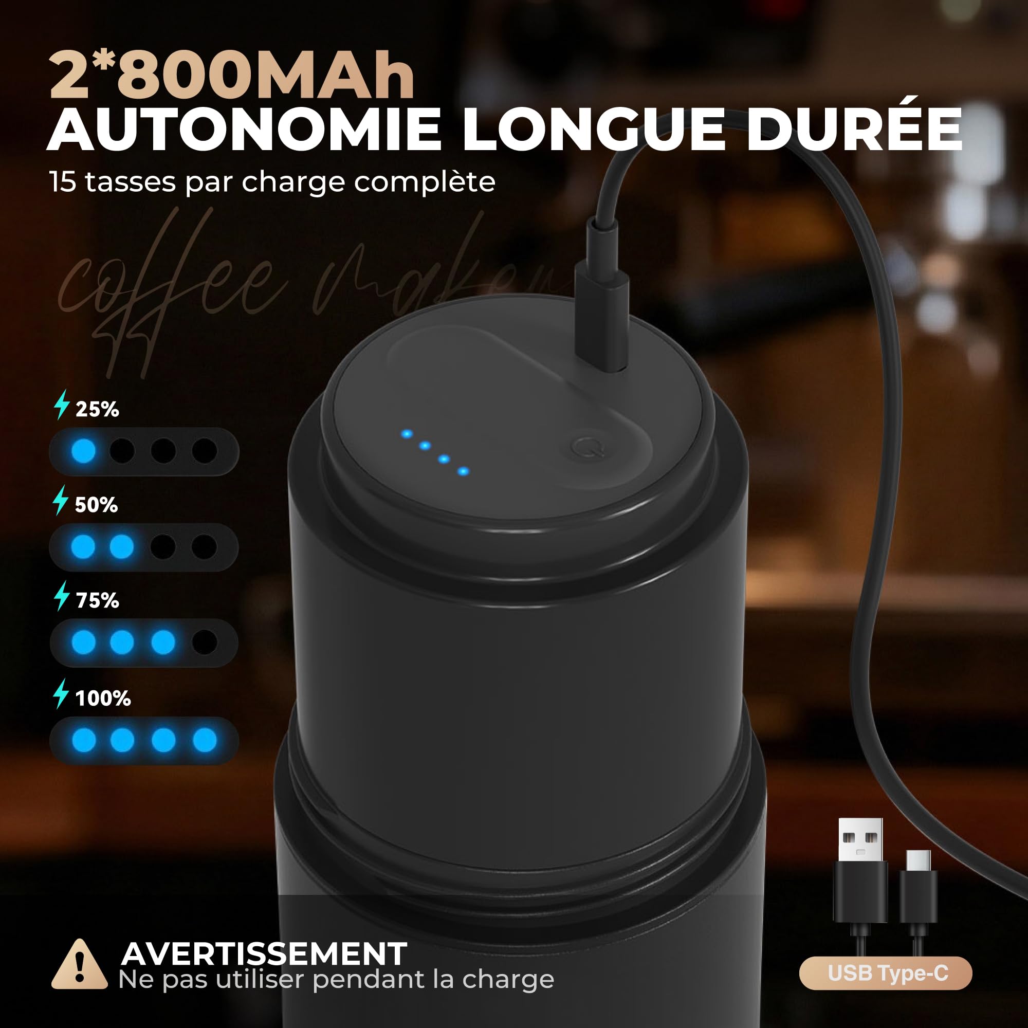 HAUSHOF Machine à Café Portable Pour-Over Tout-en-Un | Moulin Intégré, Mug Isotherme Indépendant 400 ml, Sans Fil, 4-en-1 Grind & Brew, Idéale pour Voyage et Camping, Noir