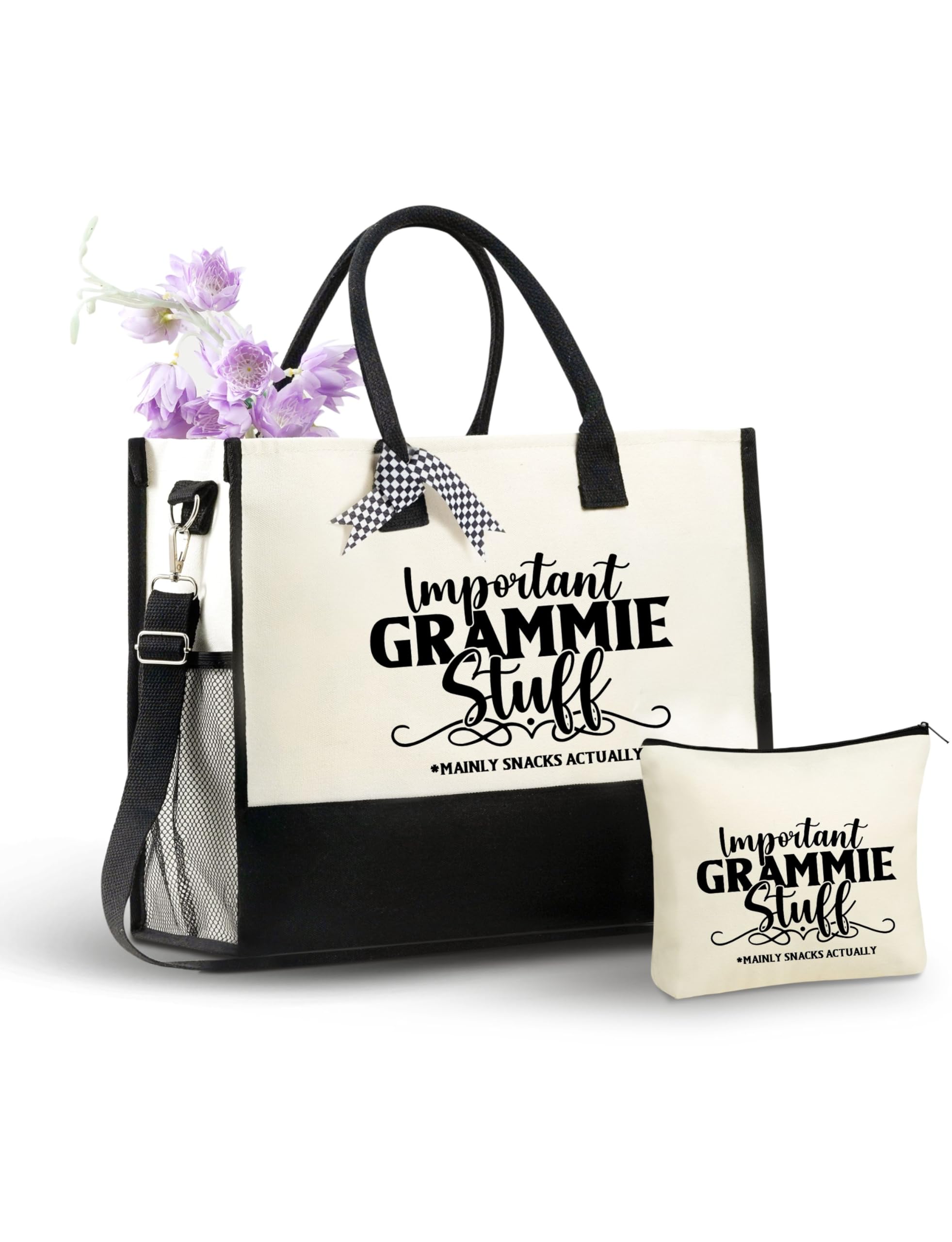 InnoBeta Grammie Gifts Canvas Tote Bag for Grandma, Important Grammie Stuff Bag with Top Zipper Closure and Shoulder Strap for Birthday, Mother's Day,