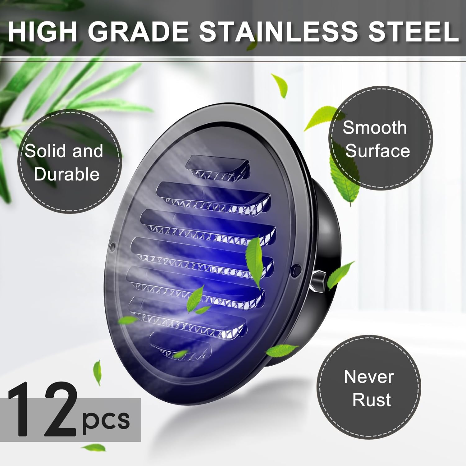 Zonon 12 Pcs Stainless Steel Soffit Vents 4 Inch Round Dryer Vent Cover with Mesh Screen for Home Outdoor Bathroom Wall Ceiling Outside Exterior Exhaust (Black)