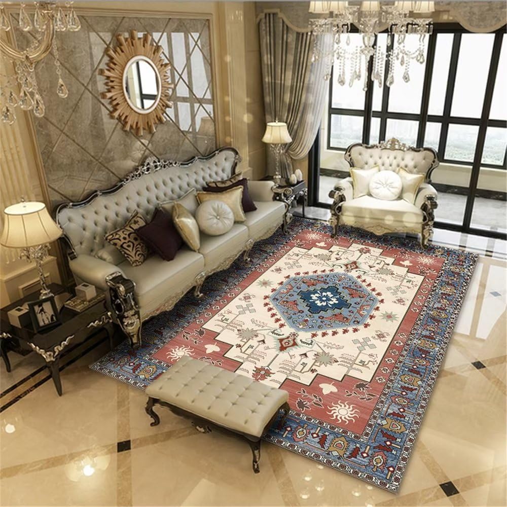 Tapis rouge clair floral géométrique doux 50x80cm moquette chambre salon déco ado