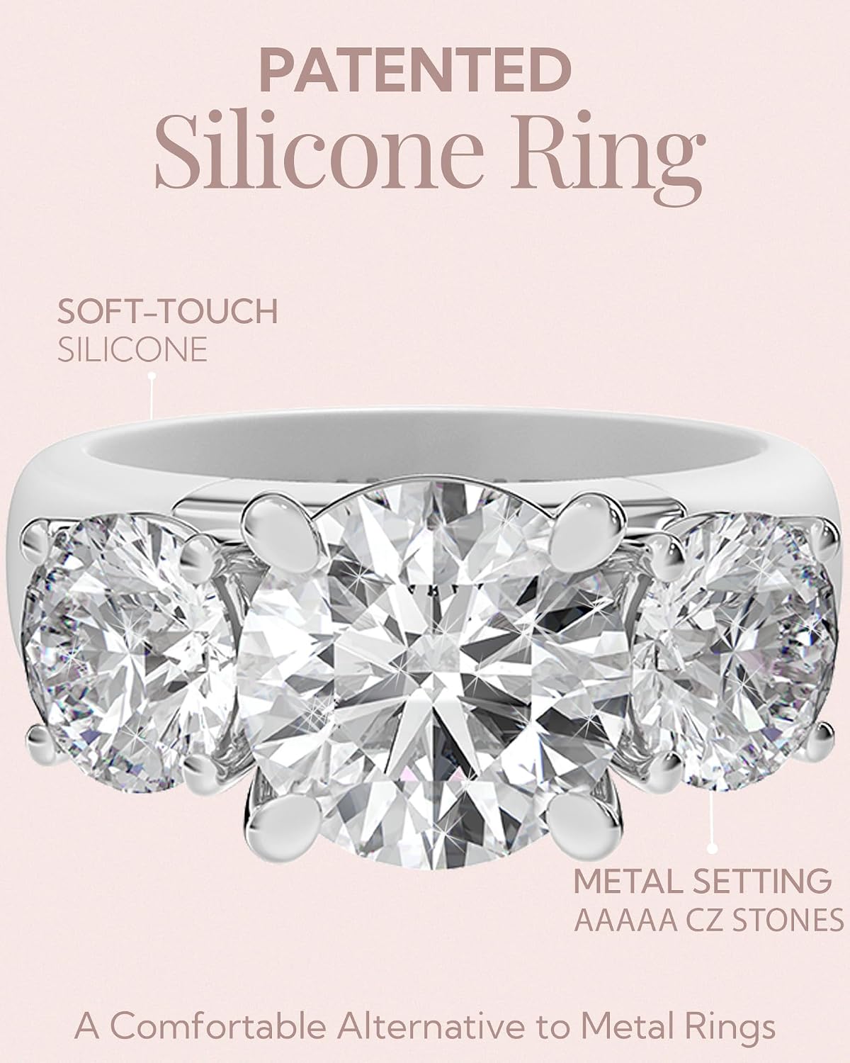 Rinfit Silicone Ring with CZ Stone - Round Cut Three Stone Cubic Zirconia Ring for Women - Rubber Wedding Band - Utility Patent