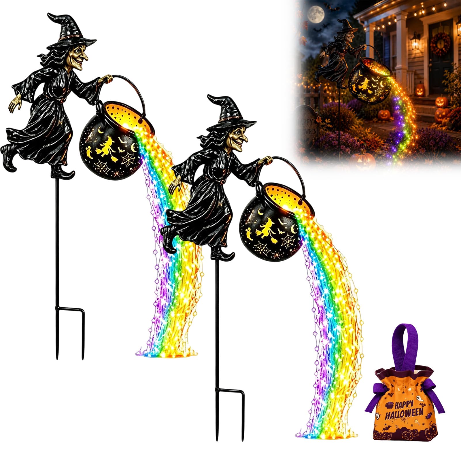 Drbrrly Halloween Witch Cauldron Garden Light with Cascading LED Waterfall Lights & Projection Effects, Flying Witch Garden Stake Decorations Outdoor for Yard Lawn Patio，2PC