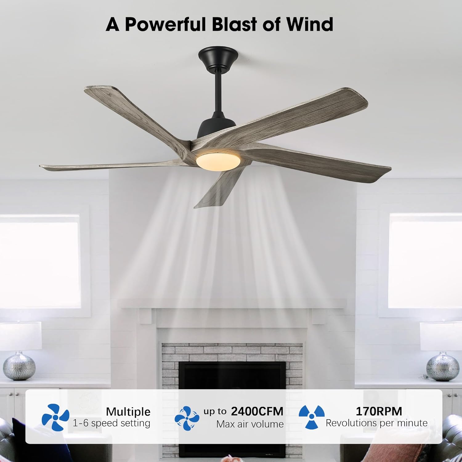 60" Solid Wood Ceiling Fan with Lights, Remote and APP Control, 3-color Dimmable LED, 6-speed Reversible, Modern Ceiling Fans for Bedroom, Living Room, Outdoor/Indoor, Greywood