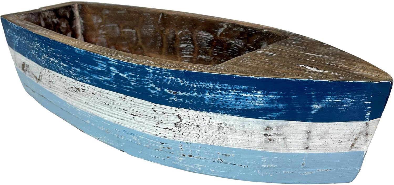 12 Inch Wooden Boat Tray – Nautical Decorative Centerpiece, Rustic Blue and White Coastal Bowl, Handcrafted Wood Planter, Beach House Table Decor, Lake Home Serving Tray, Entryway Organizer