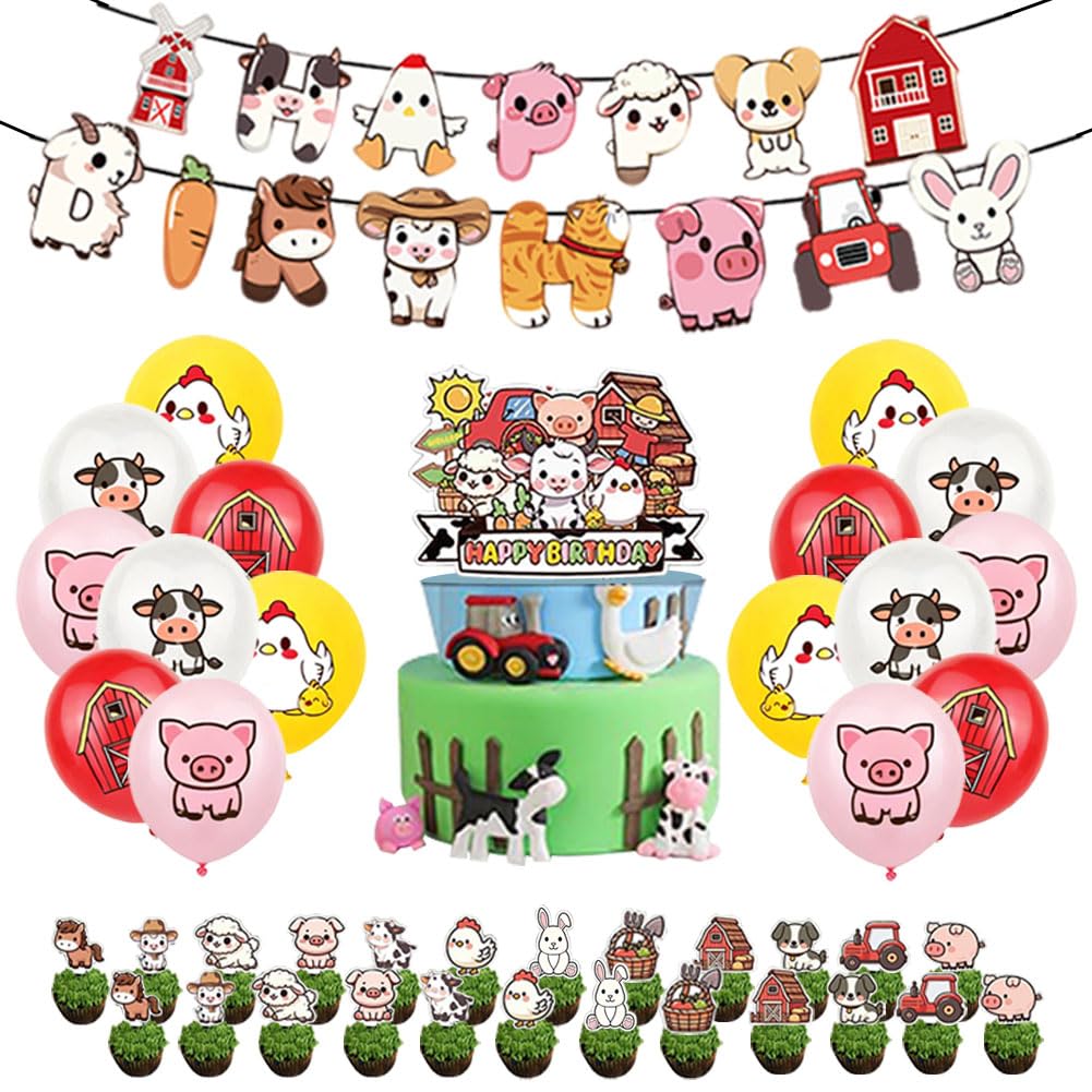 NimblusToy Farm Theme Birthday Party Decorations Kit, Farm Animal Balloons, Farm Themed Balloons, Farmhouse Cupcake Toppers, Farm Animal Birthday Banner Cow Balloon Party Supplies