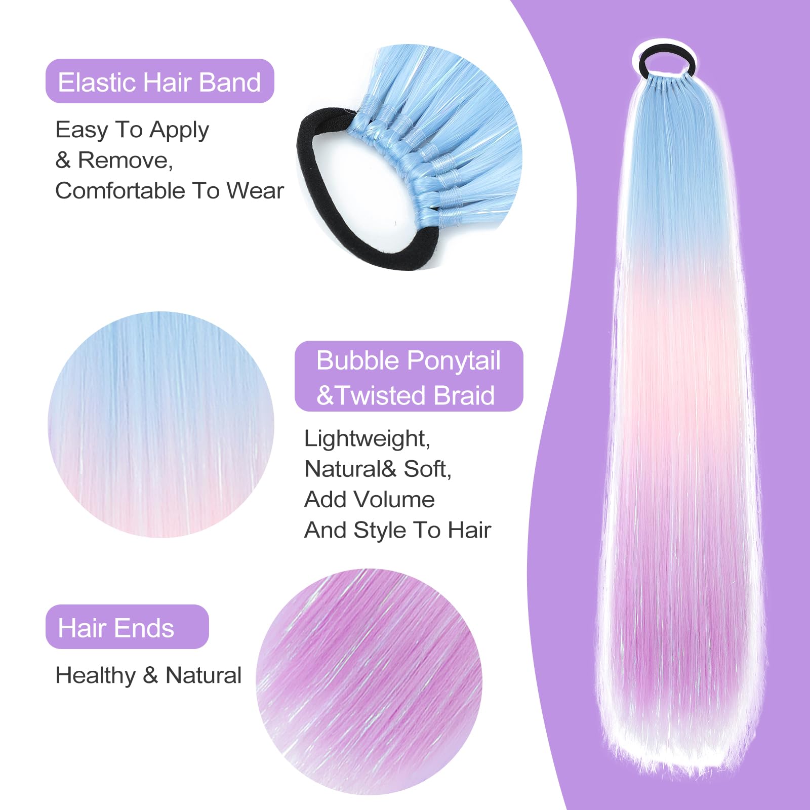1 Packs 26 Inch Rainbow Ponytail Hair Extensions with Tinsel Hair for Jumbo Braiding Hair Extensions Soft Yaki Straight Synthetic Hair Glitter Ponytail for Girls DIY Box Braids (blue-pink-purple) - Image 3