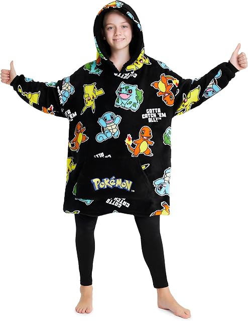 Pokemon Oversized Hoodie Blanket for Kids, Pikachu Gifts for Boys (Black Aop)