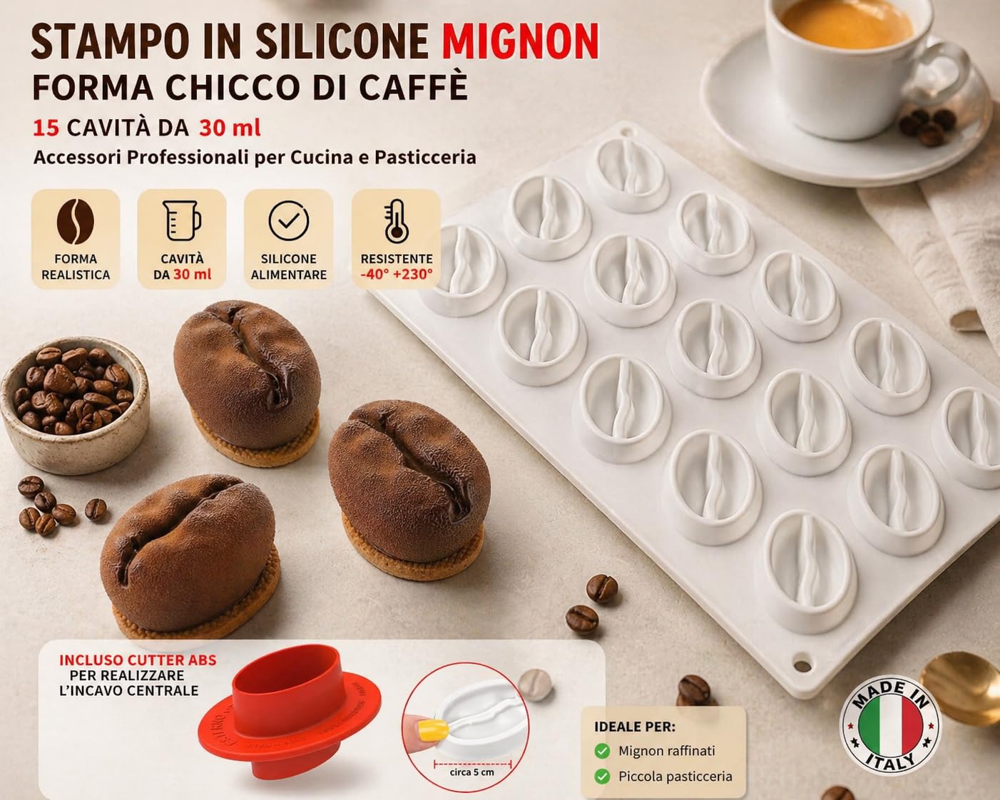Stampi in Silicone Frutta Realistica 3D per Pasticceria – Set con Varianti Chicco Caffè, Limone Lime, Cacao e Pistacchio con Cutter, Stampo Professionale per Mousse, Semifreddi (Chicco Caffè)
