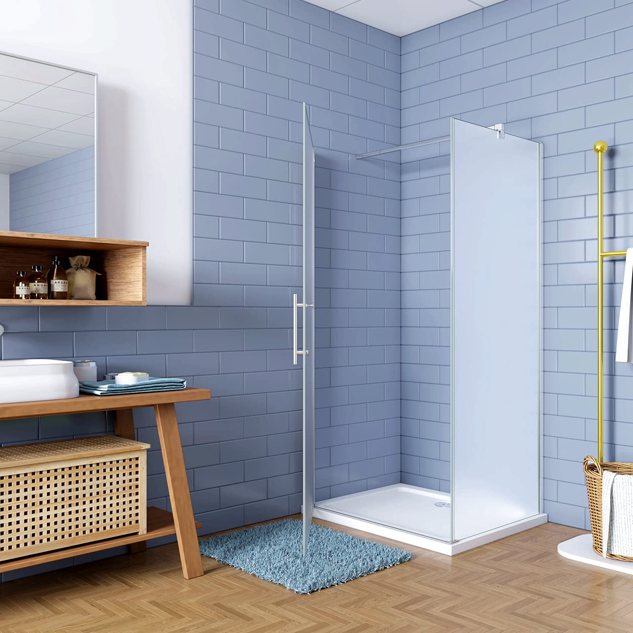 195cm Box Doccia Angolare Porta Battente 70x70cm vetro Satinato Barra 90cm | Parete Doccia Anticalcare, Vetro Temperato, Satinato Opaco, Barra Stabilizzatrice, montaggio irreversibile