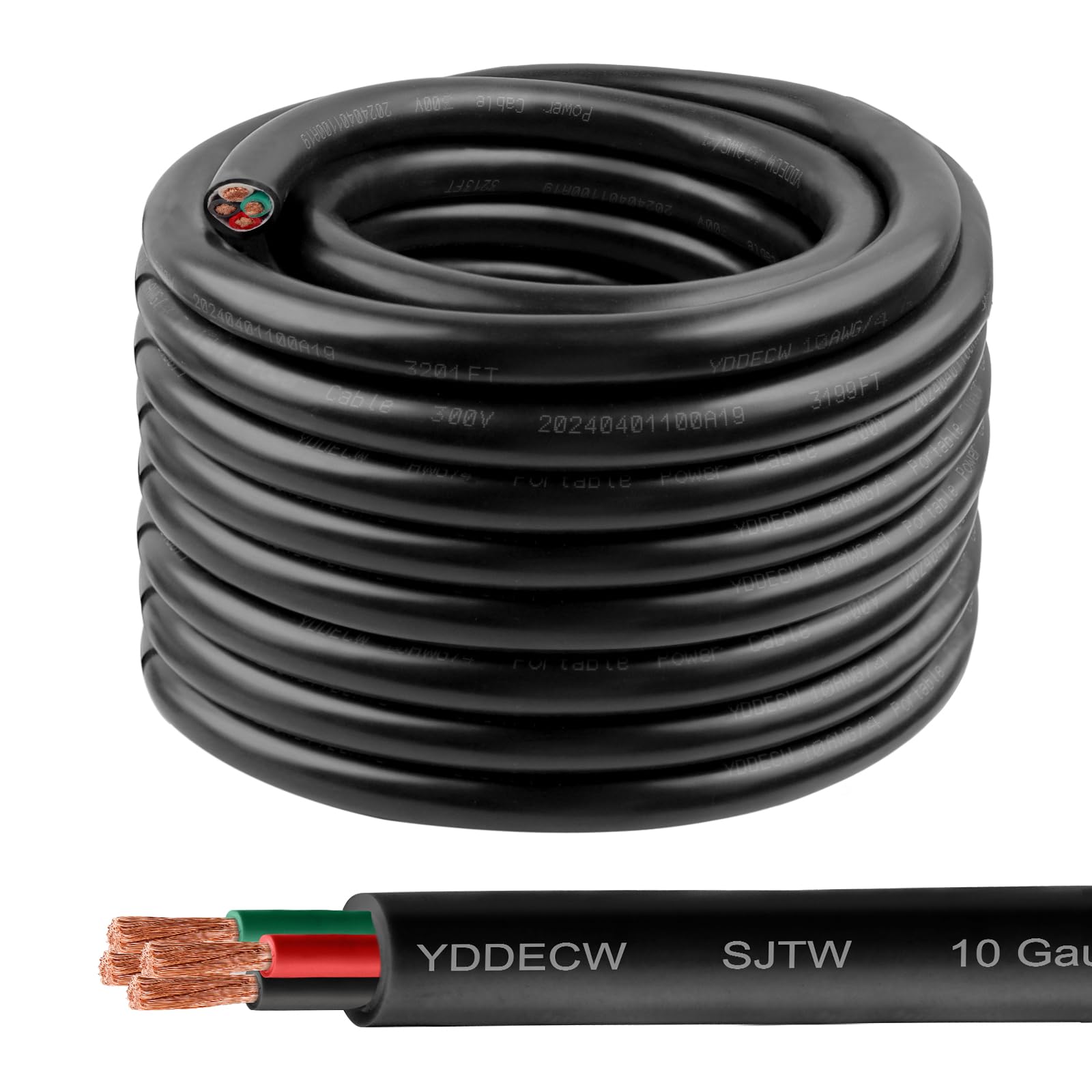 YDDECW 50ft 10/4 10 AWG SJTW 300V Wire (4 Conductor) - 10 Gauge SJTW Cable with UV-Resistant Jacket for Motor Leads, Battery Chargers and Machine - 4
