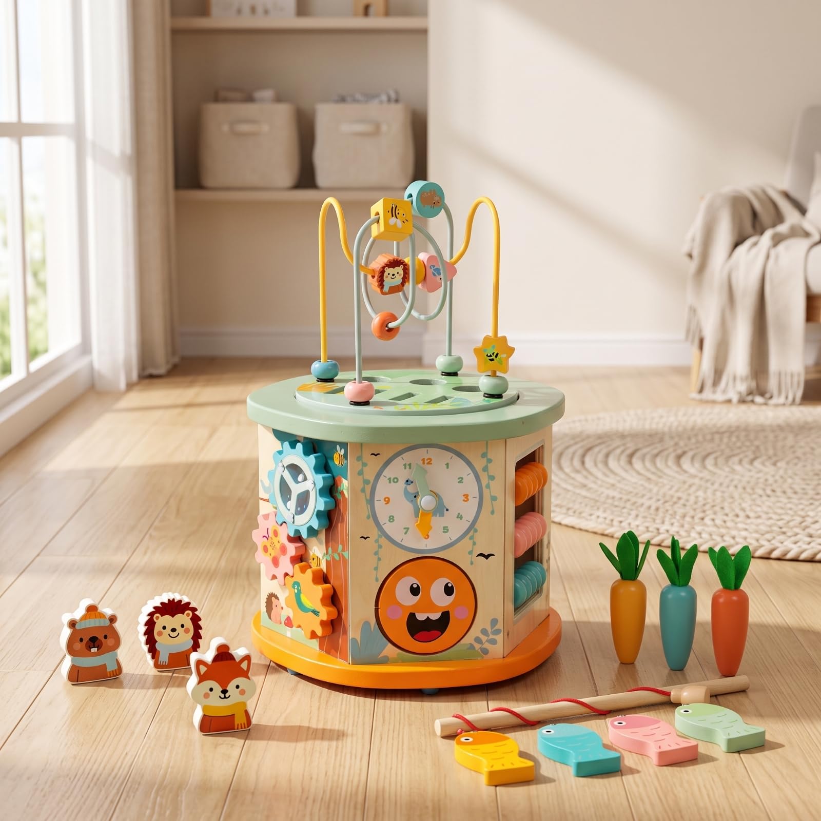 Cubo attività in Legno Interattivo Gioco | Sviluppo Motricità Fine, Cubo pedagogico, Tavolo con Orologio Didattico, per Asilo Nido, Neonati