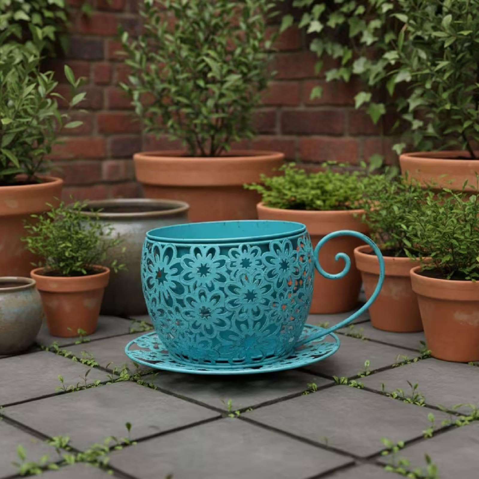 Baoblaze Vaso da Fiori a Forma di Tazza da tè, Vaso per Piante, Decorativo Rustico Antico con Fiori Cavi, Ideale per L'Estate, Compleanni, Piante da, Blu