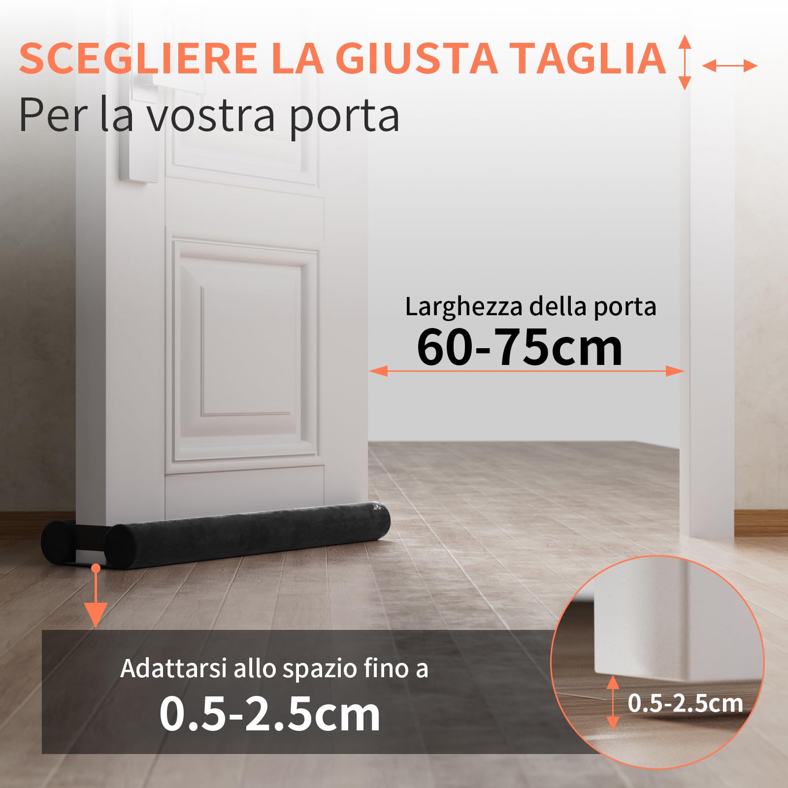 BKSAI Paraspifferi per Porte Guarnizione Inferiore Porte Senza Colla | Paraspifferi Doppia Guarnizione Isolante Termico Insonorizzato Antivento, Paraspifferi Sottoporta per Porte 60-75 cm Nero