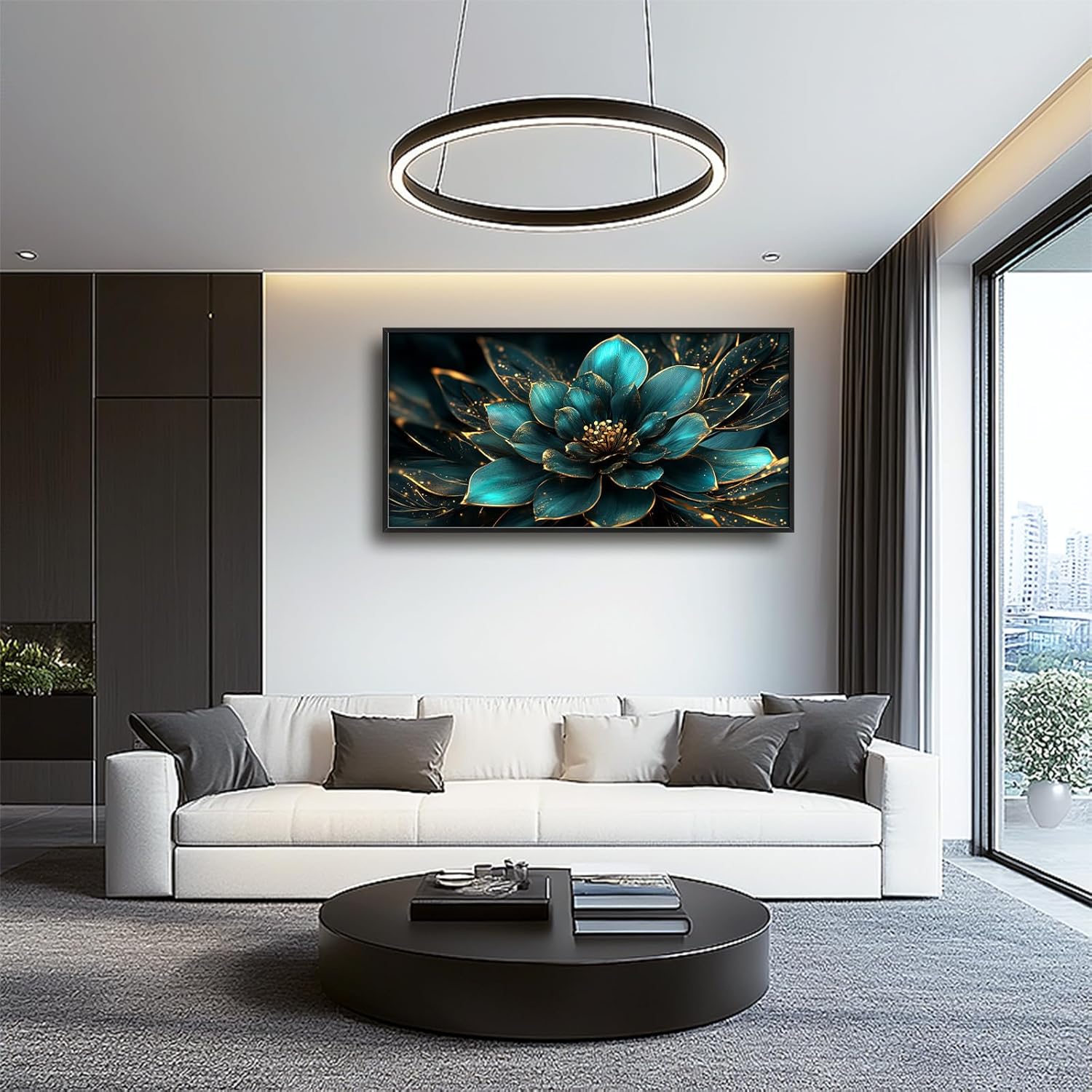 Framed Large Wall Art for Living Room, Teal Flower Canvas Wall Decor, Large Picture Framed Painting, Modern Artwork for Bedroom Office Home Decor 60L'' × 30W''
