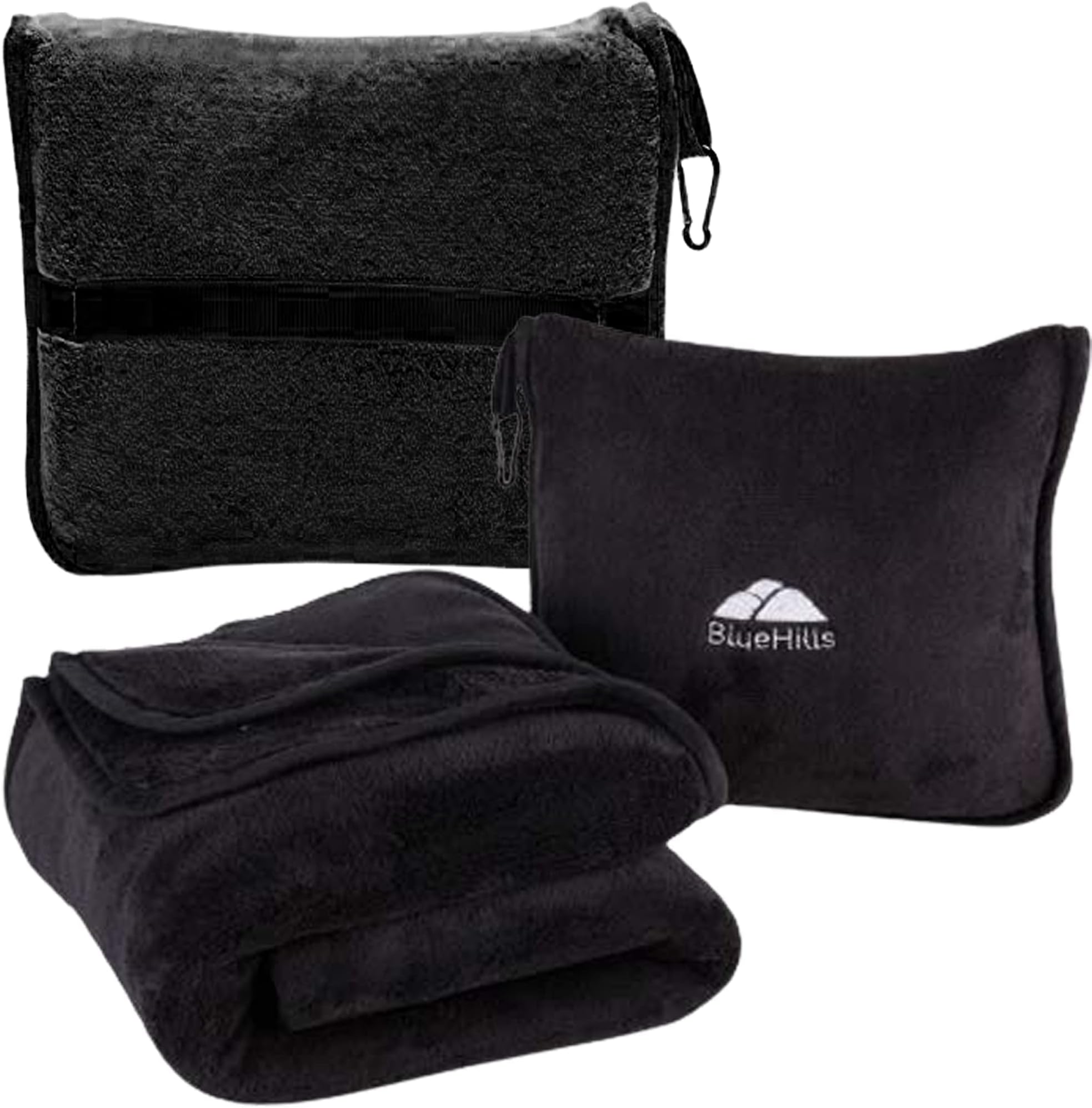BlueHills Premium Soft Travel Blanket Pillow Airplane Blanket Packed in Soft Bag Pillowcase with Hand Luggage Belt and Backpack Clip, Compact Pack Large Blanket for Any Travel (Black T008)