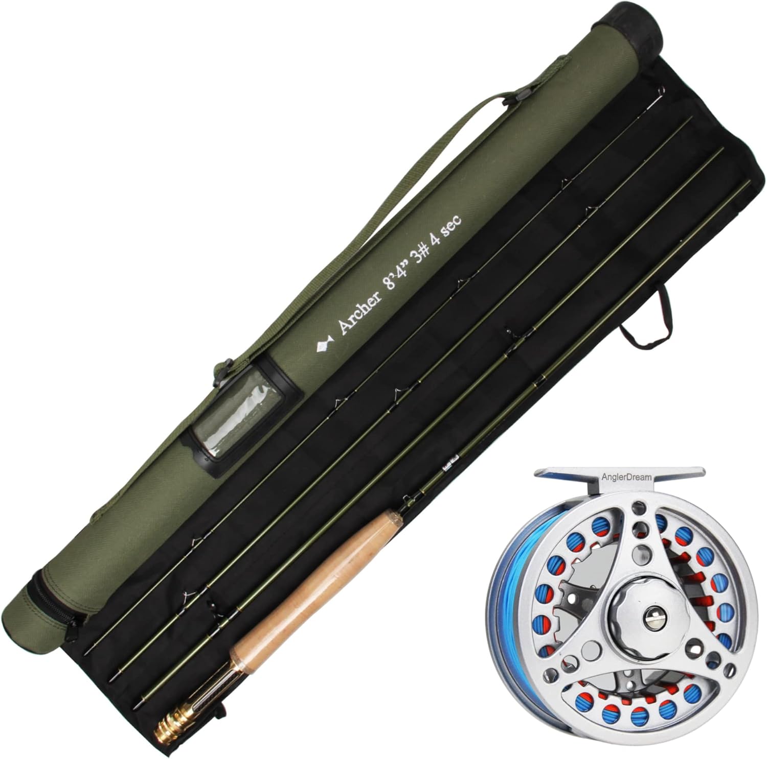 AnglerDream Archer Fly Fishing Rod and Reel Combo 3/4 / 5/6 7/8 WT Fly Fishing Combo 4 Section Fast Action Dark Green Fly Rod Graphite IM 10 / 36T Carbon Fiber