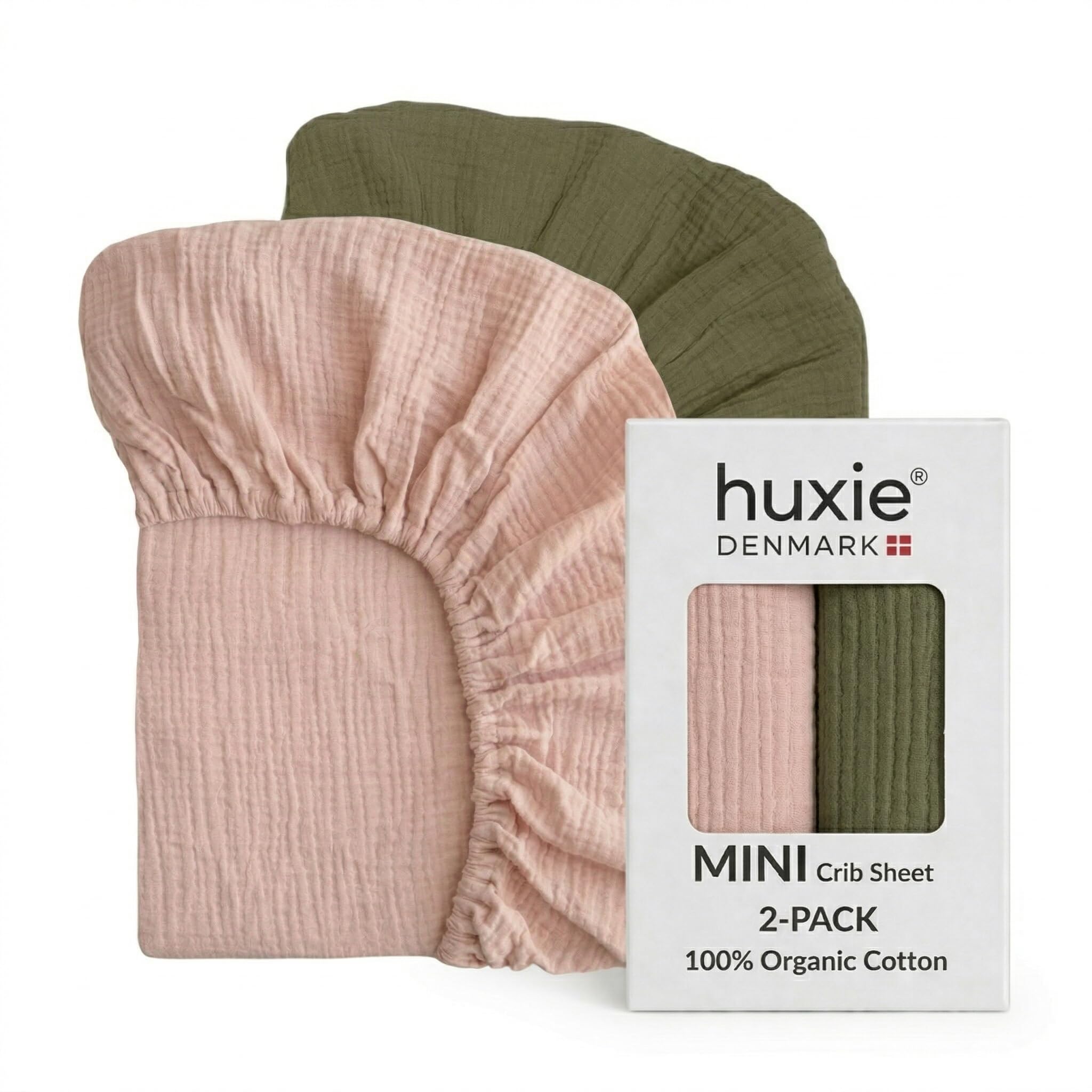 Mini-Bettlaken für Kinderbett, Bio-Baumwoll-Musselin, 61 x 96,5 cm, für Kinderbett zum Packen und Spielen, ultraweich und atmungsaktiv, für Jungen und Mädchen, 2 Stück, Blush/Salbeigrün